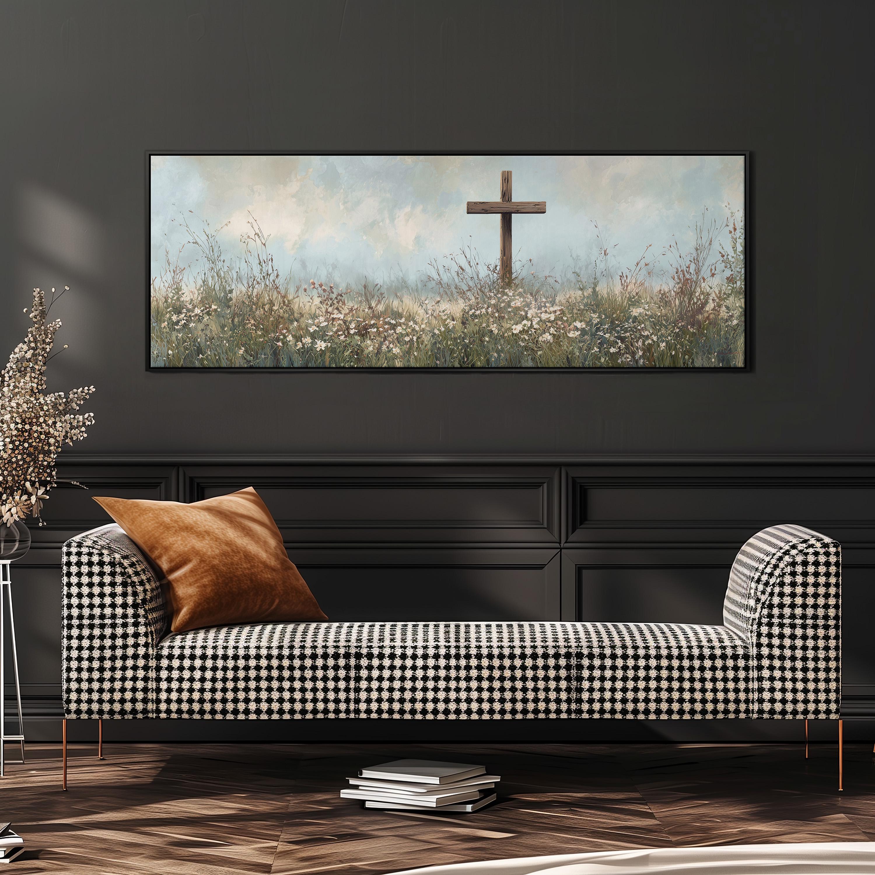a black and white checkered sofa with a brown throw pillow, set against a dark wall with a large painting of a cross in the background.