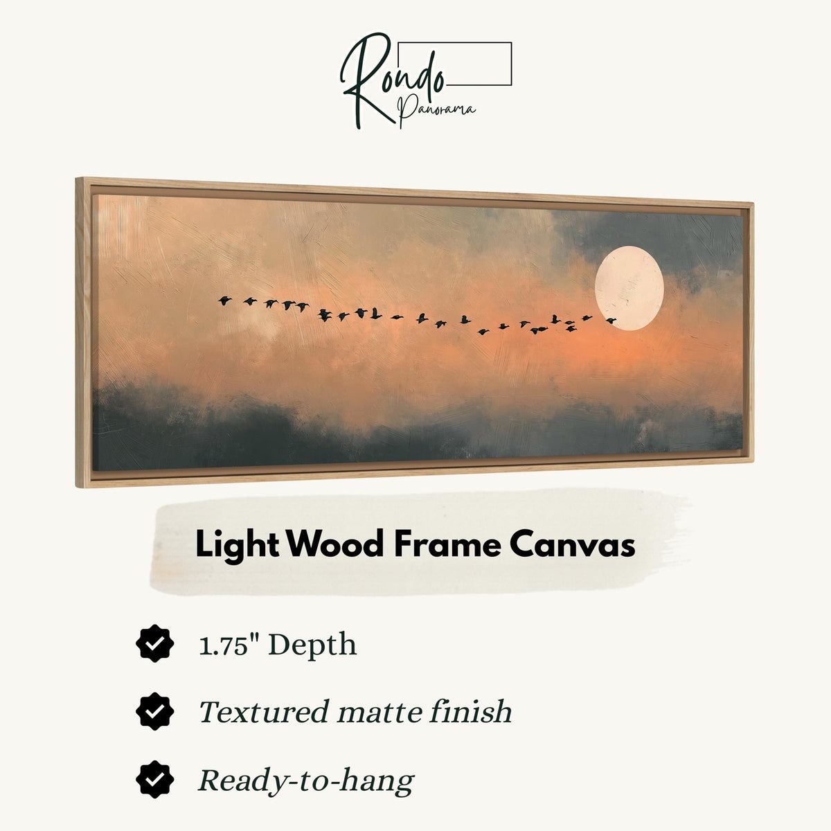 Geese flying toward the moon at twilight canvas print in a light wood floating frame