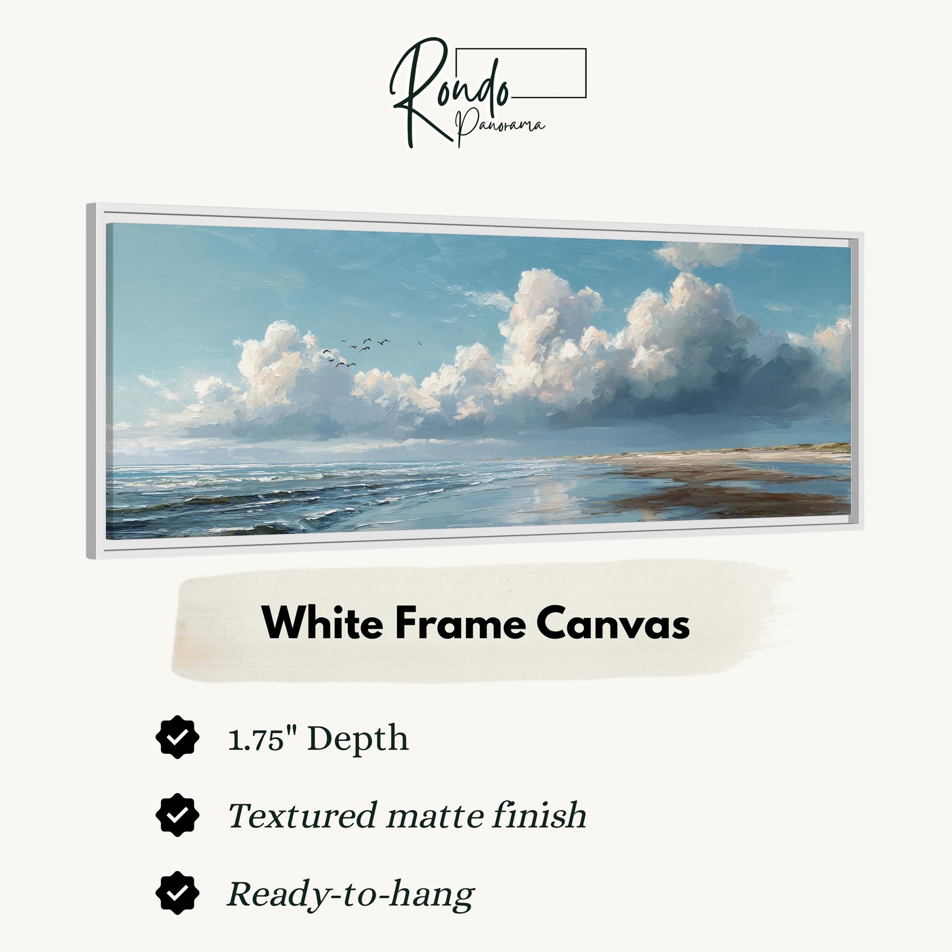 The image is a white frame canvas depicting a serene landscape with a blue sky, fluffy white clouds, and a calm ocean.
