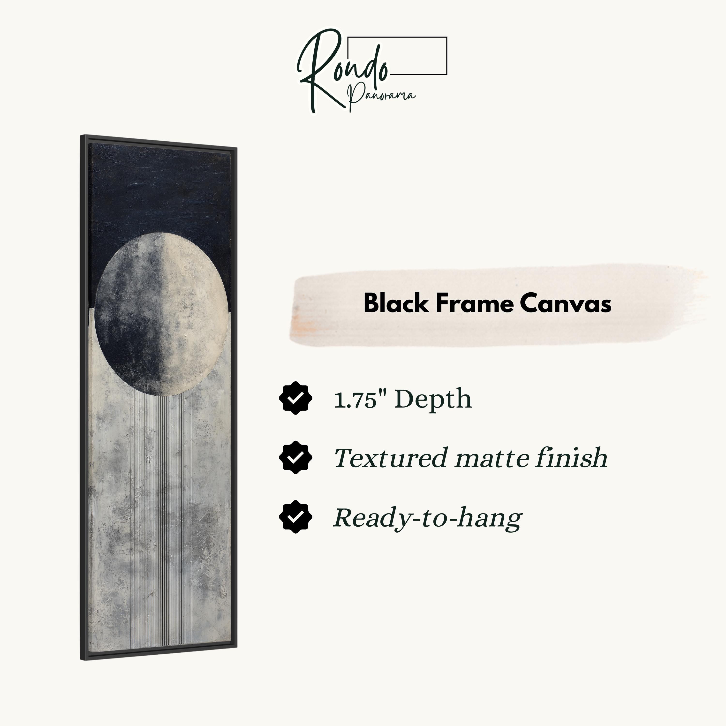 The image is a product description for a black frame canvas. It features a black and white abstract artwork with a circle and a line, and provides details about the product, including its dimensions, finish, and hanging options.