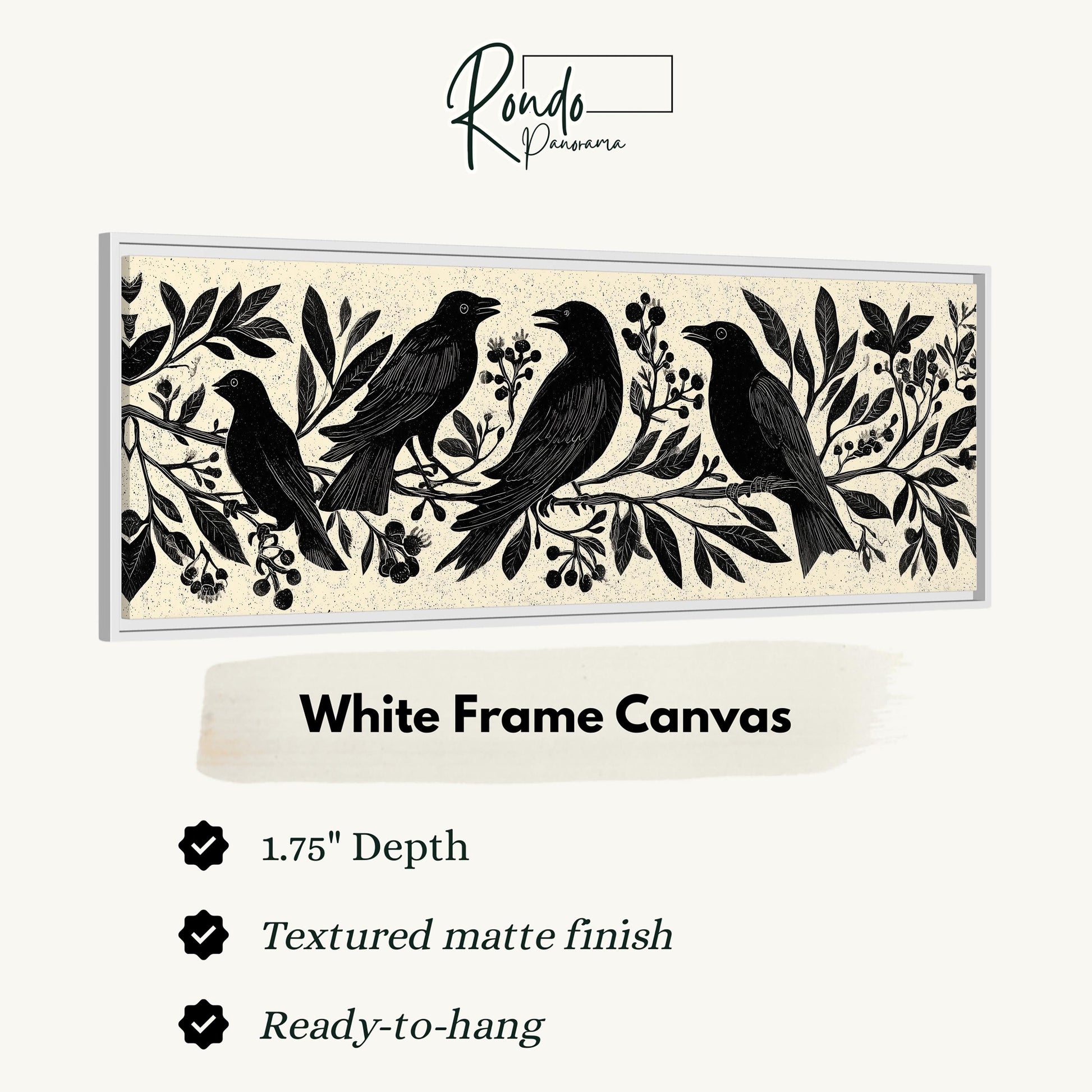 a white frame canvas with a black and white illustration of four birds perched on branches with leaves and berries.