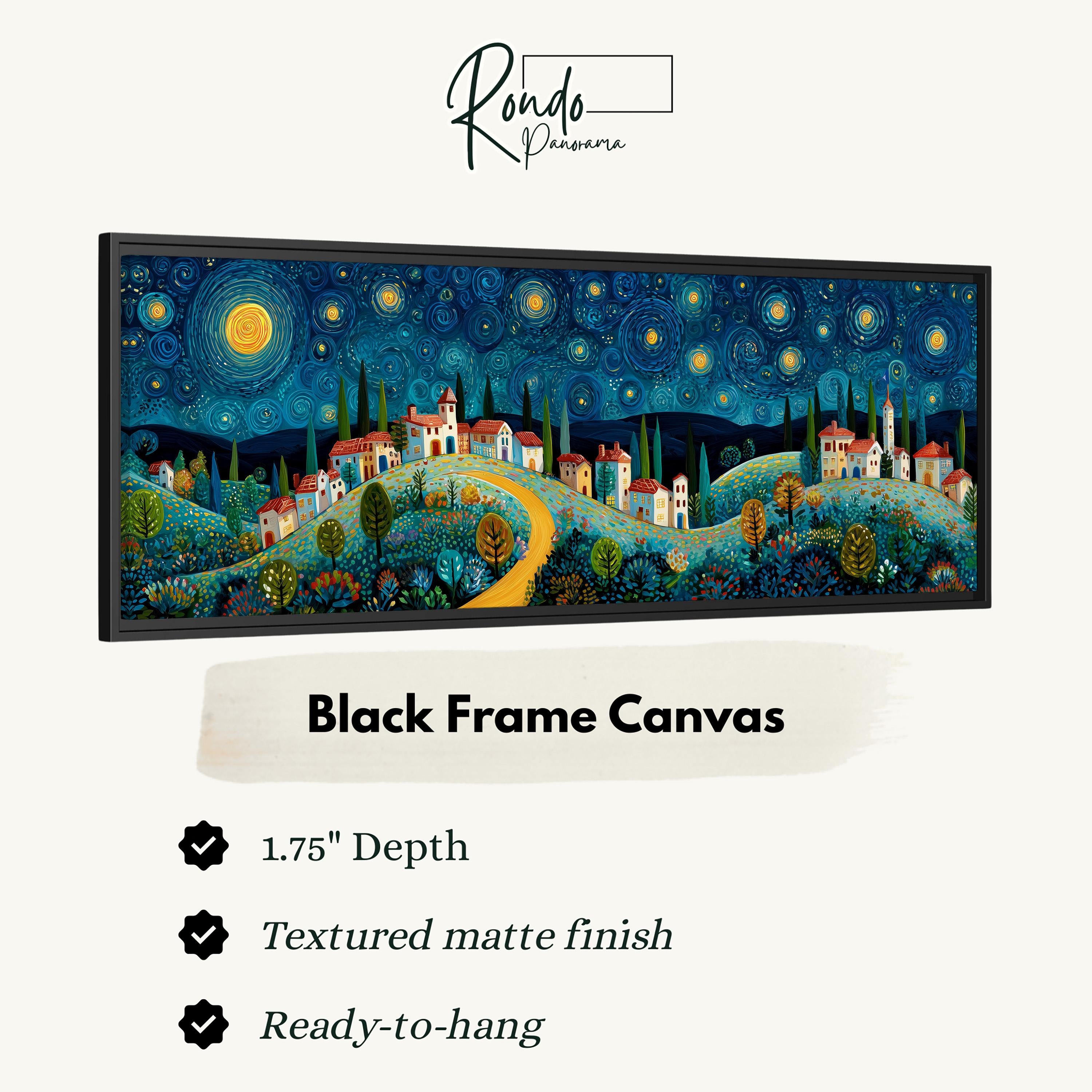 The image is a black frame canvas depicting a night sky with stars and a small town landscape.