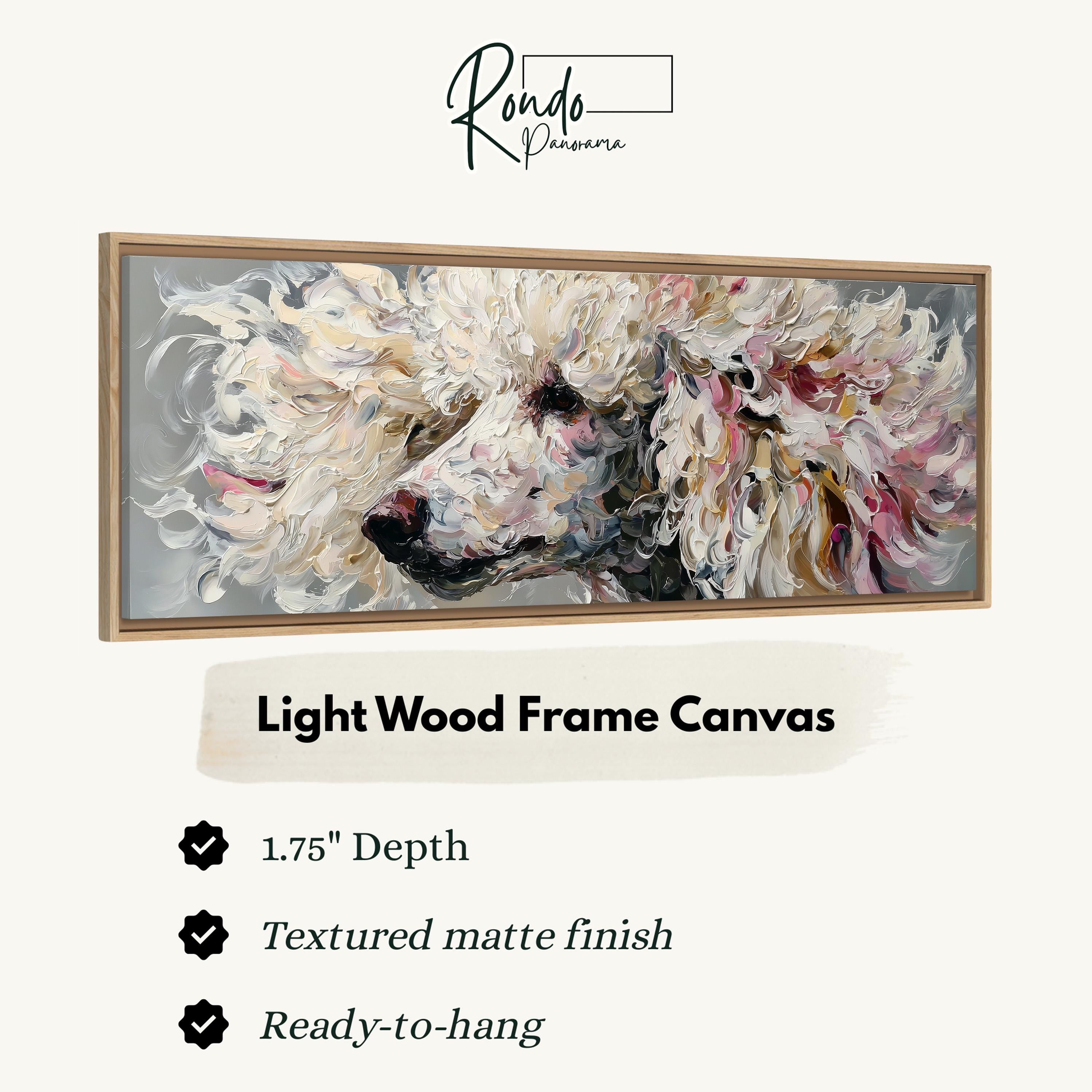 The image is a framed artwork depicting a close-up of a fluffy white dog's face, with a light wood frame.