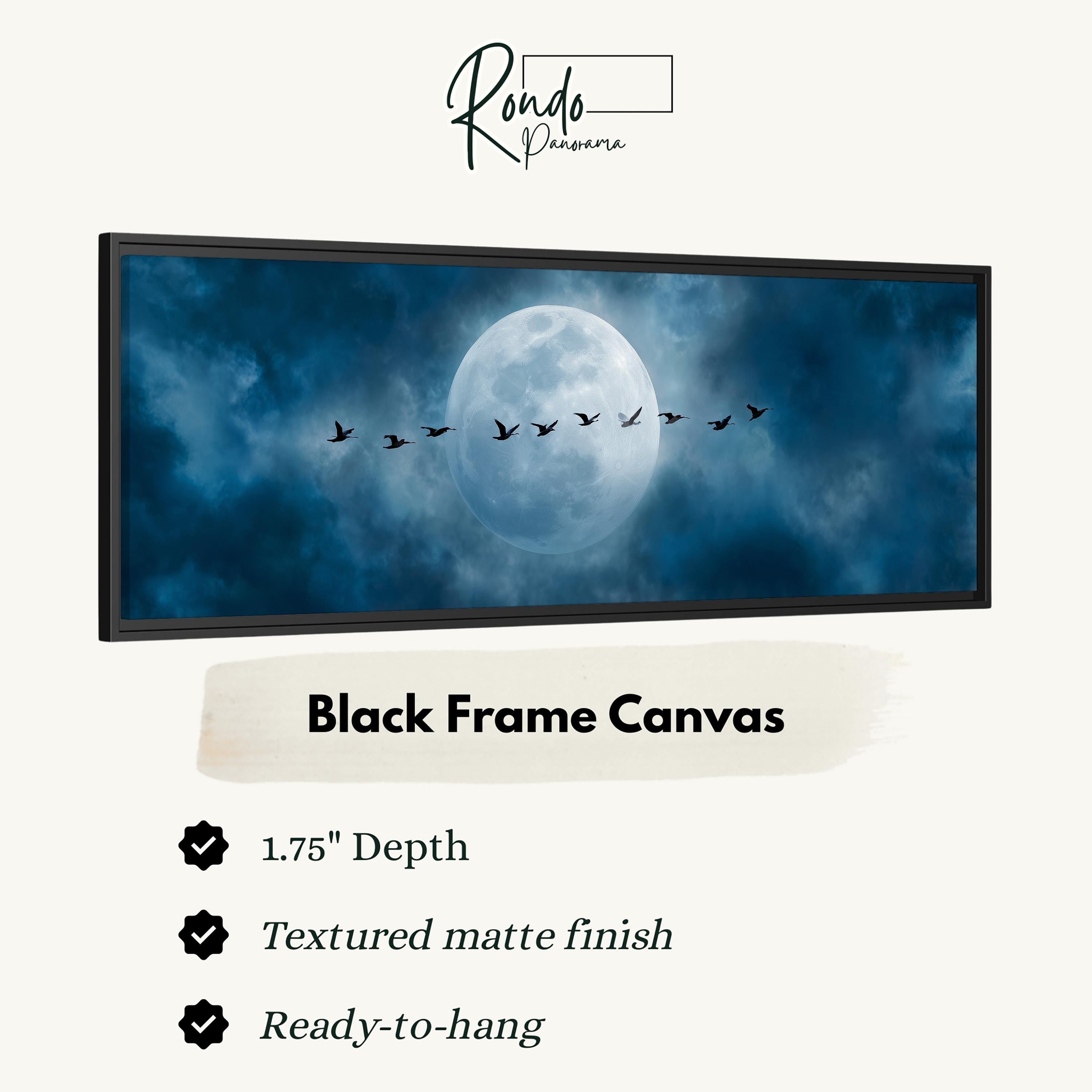 The image is a black frame canvas depicting a flock of birds flying across a night sky with a full moon.