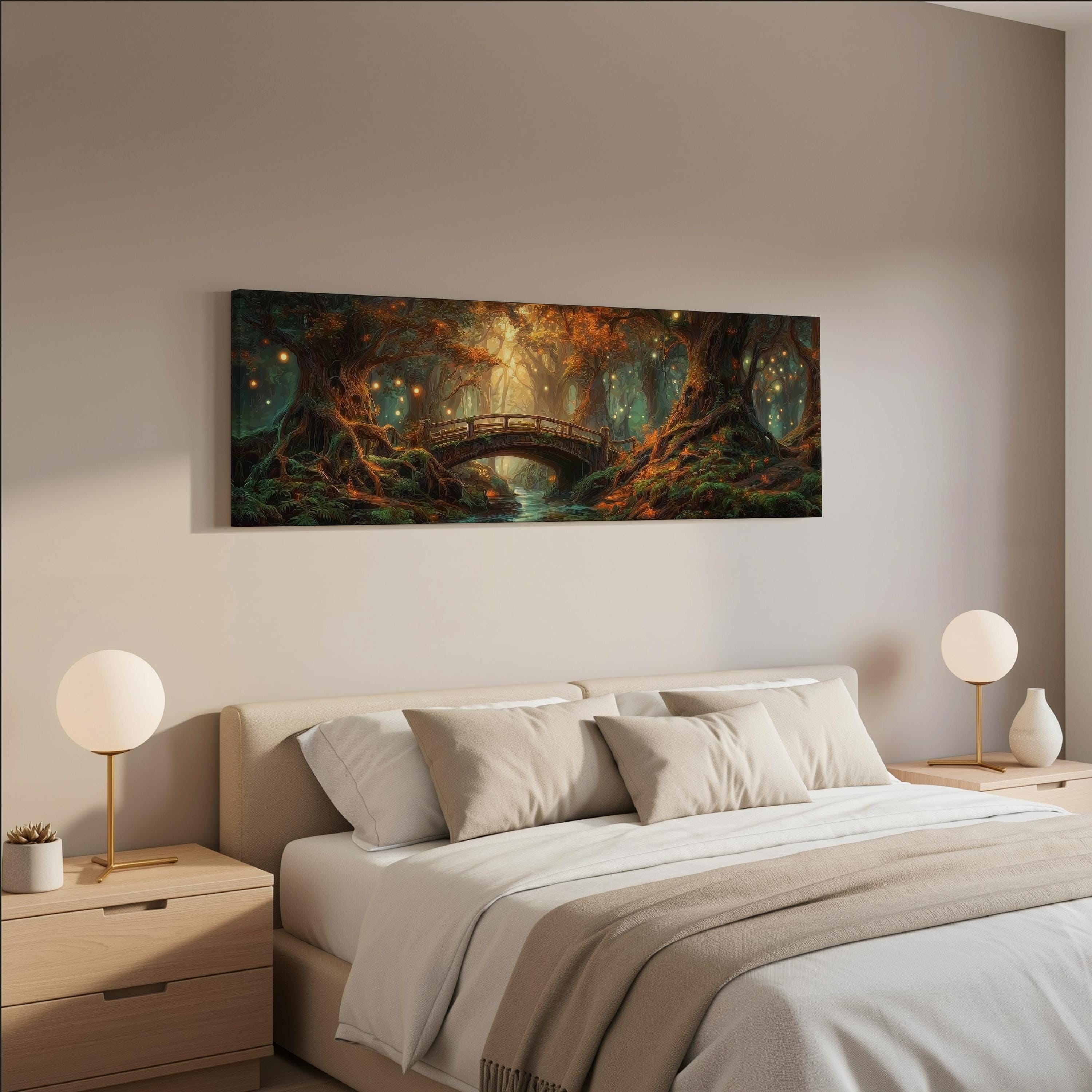 a serene and cozy bedroom scene, featuring a large bed with white linens and beige pillows, flanked by two white lamps on nightstands. Above the bed, a large painting of a forest with a bridge and trees is displayed on the wall, creating a tranquil and inviting atmosphere.