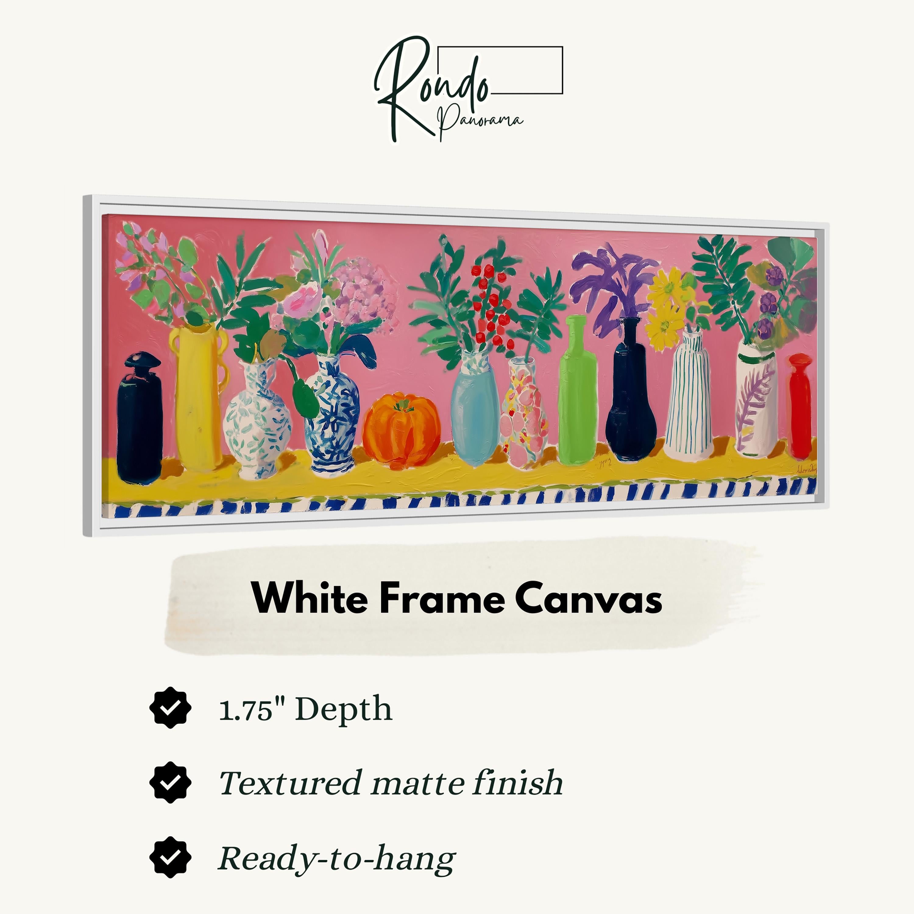 The image is a white frame canvas featuring a vibrant painting of various vases and flowers arranged in a row.