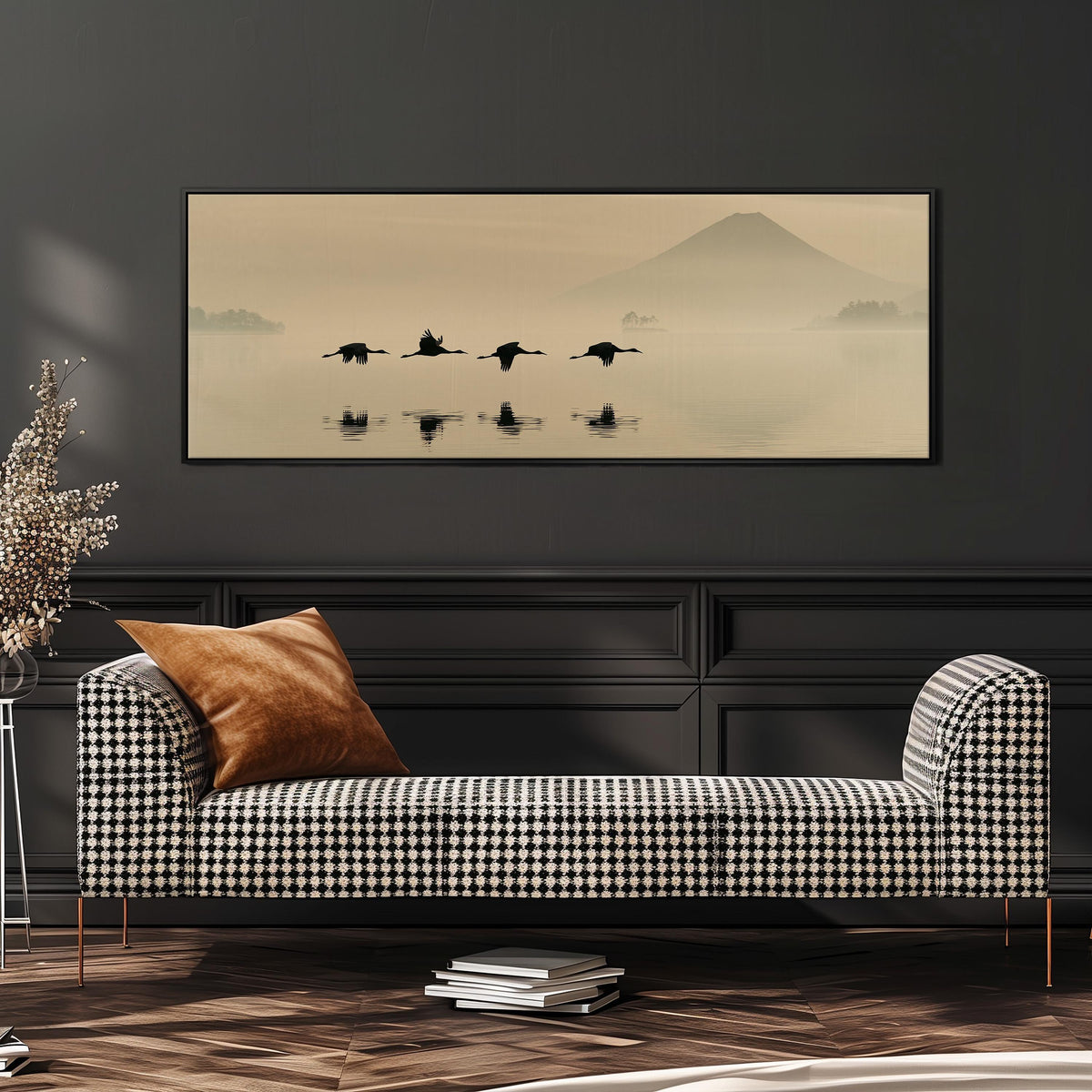 Birds flying low over a lake below Mount Fuji wide panoramic canvas print above a bench in a dark living room