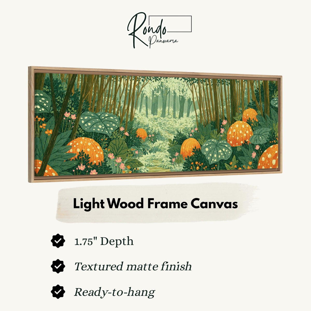Amber mushroom forest canvas print in a light wood floating frame