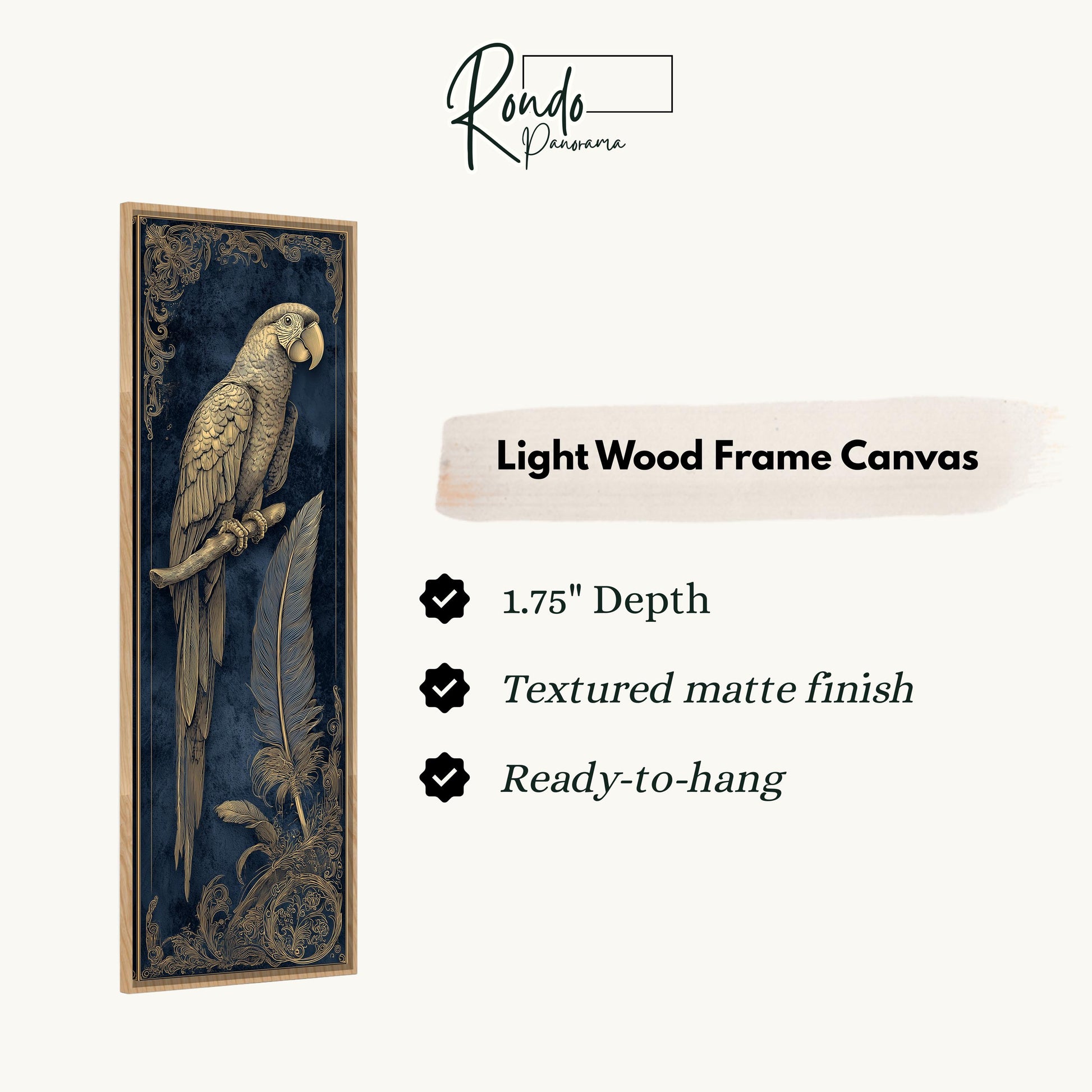 a light wood frame canvas depicting a parrot with a feather on its beak.