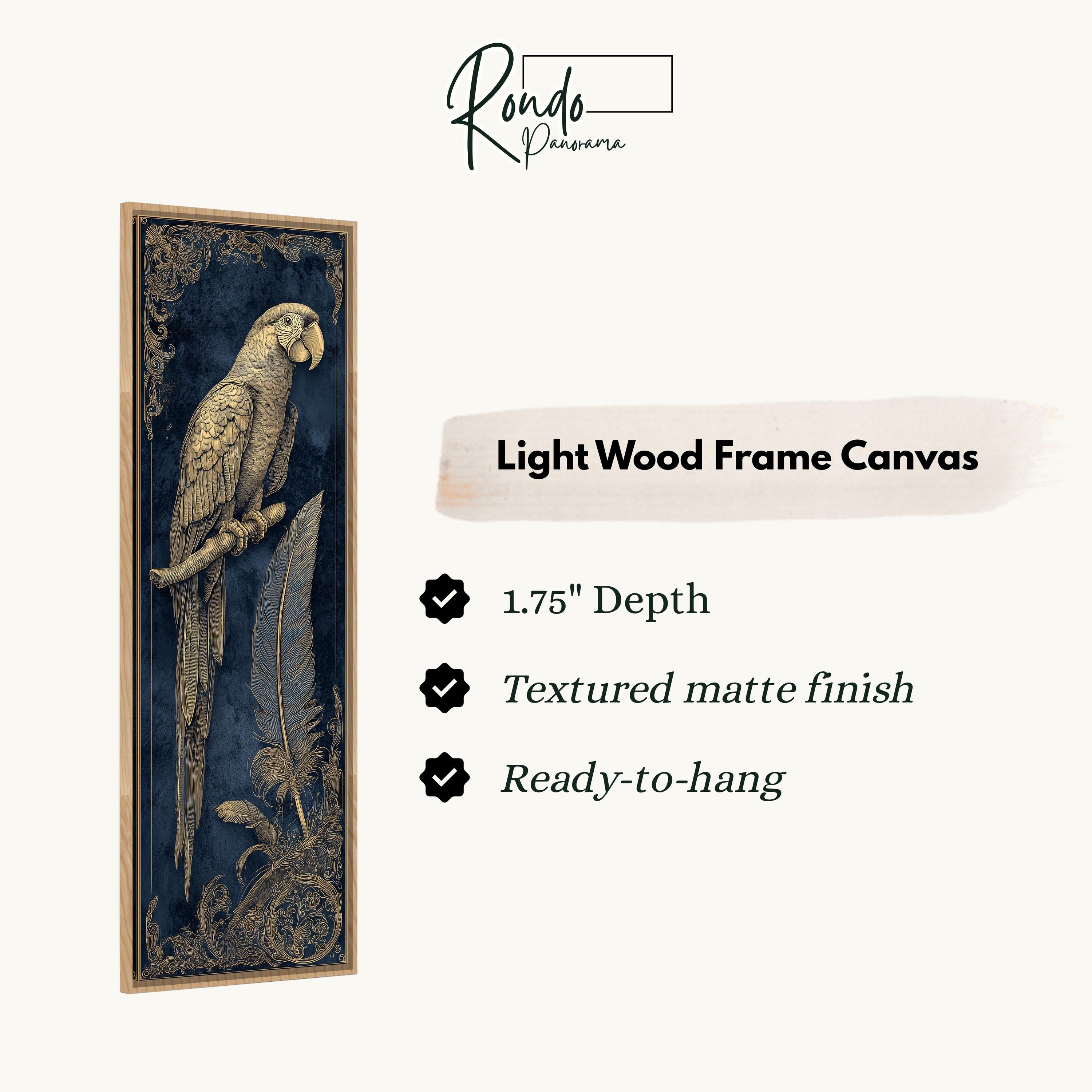 a light wood frame canvas depicting a parrot with a feather on its beak.