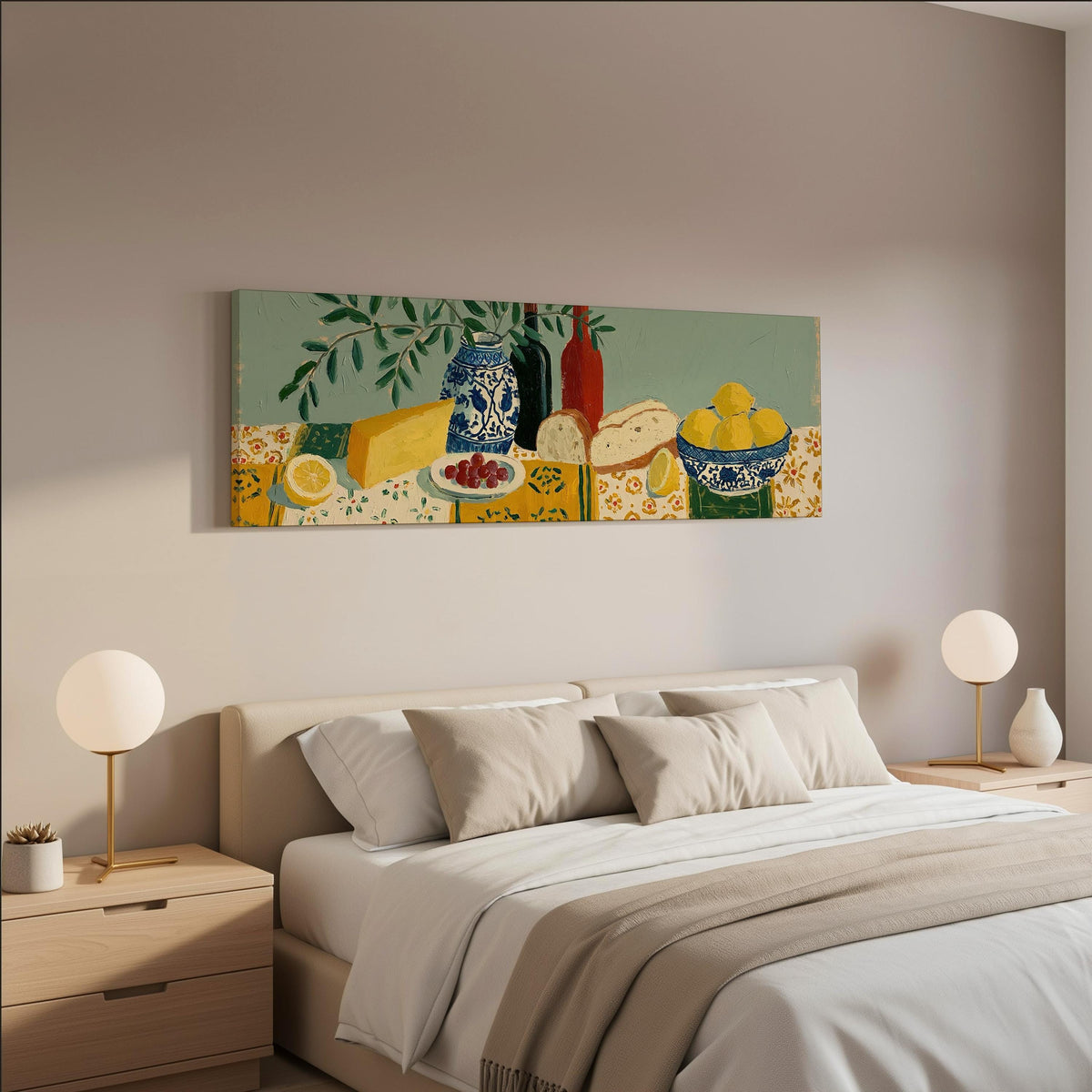 Cheese, wine and lemon spread wide panoramic canvas print above a bed in a neutral bedroom
