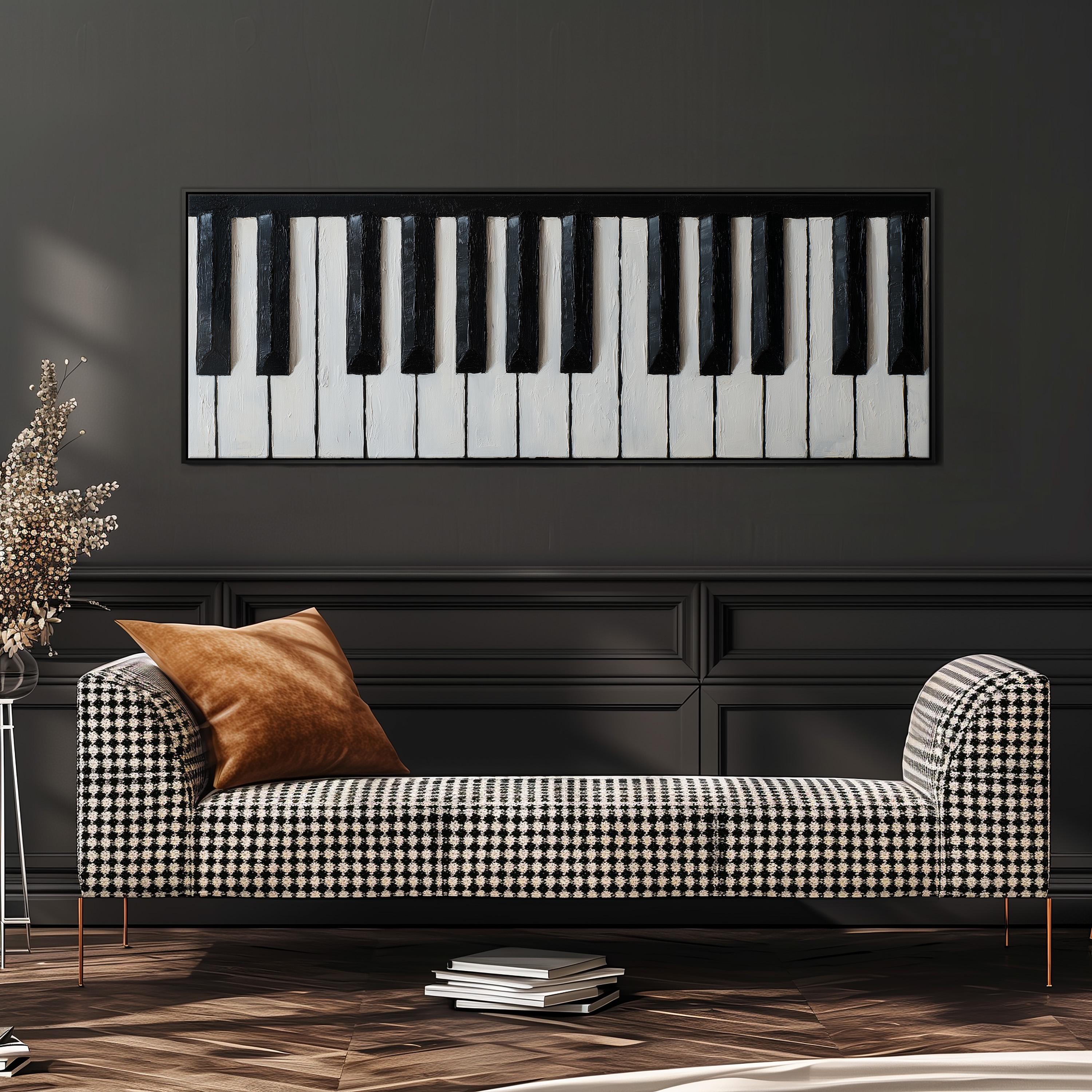 a black and white checkered sofa with a brown throw pillow, placed against a dark wall with a large black and white piano keyboard painting above it.