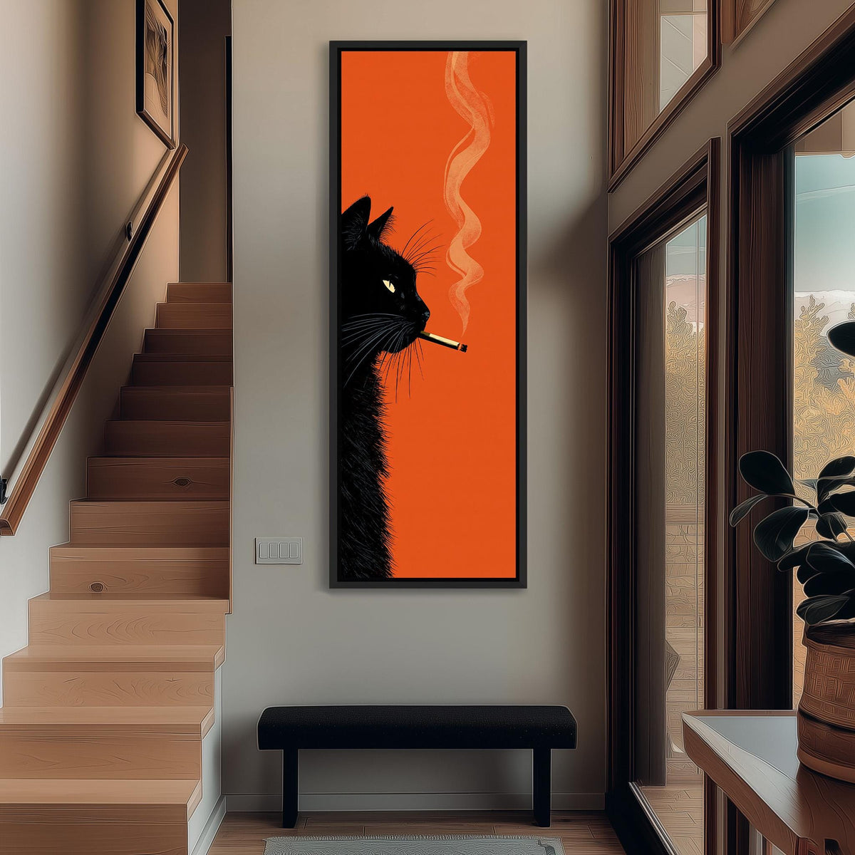 Black cat profile with curling smoke on orange long vertical canvas print in a sunlit living space