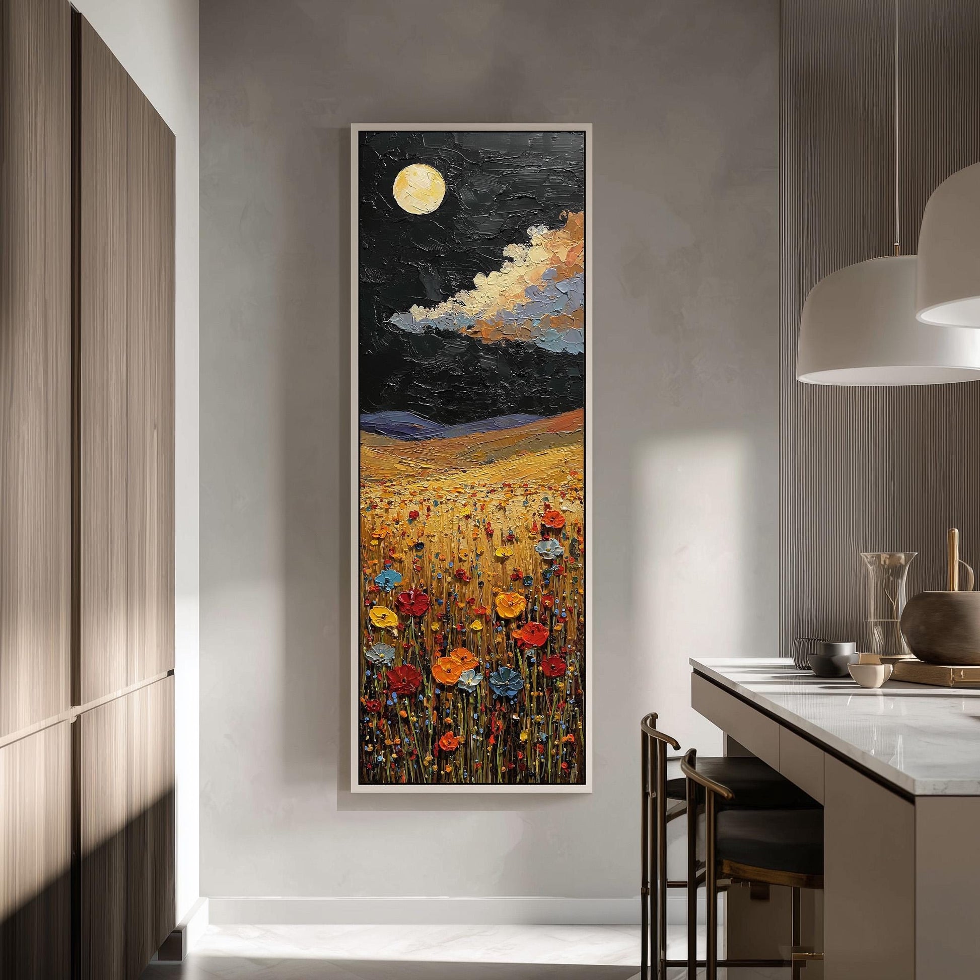 a large, colorful painting of a field of flowers hanging on a wall in a modern kitchen.