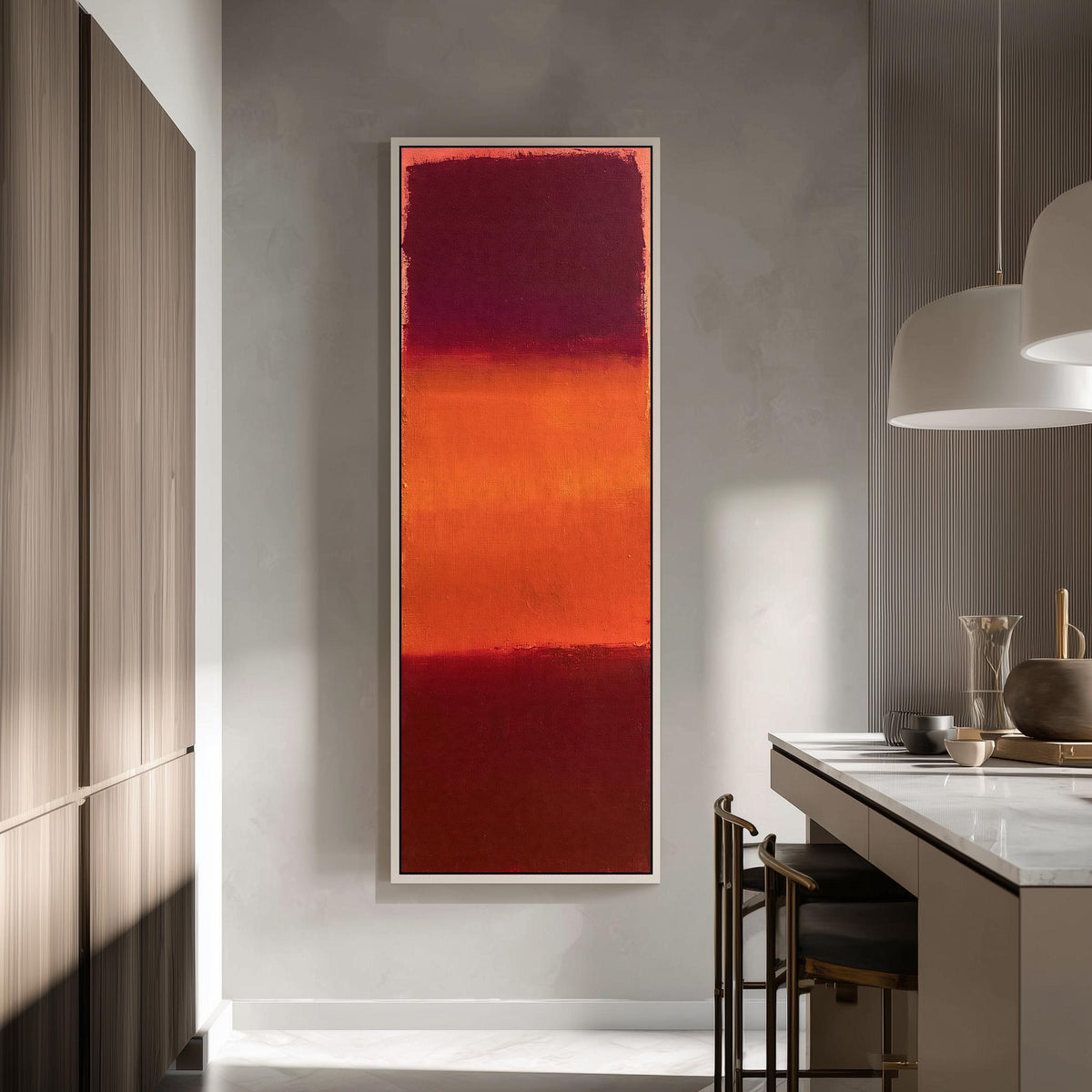 Color field bands in maroon, orange and red tall skinny canvas print in a modern kitchen