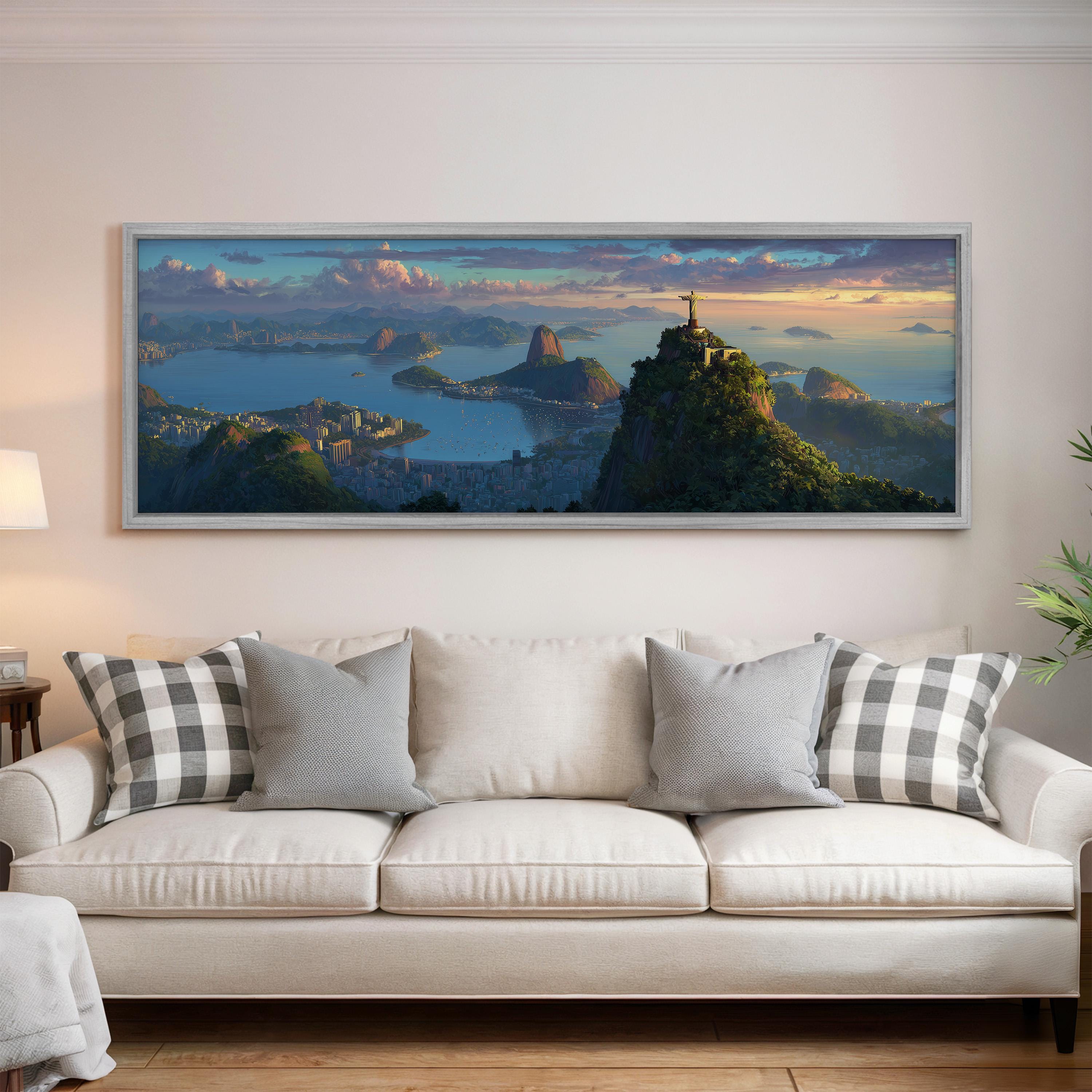 a large, framed painting of a scenic landscape hanging on a wall above a white couch with patterned throw pillows.