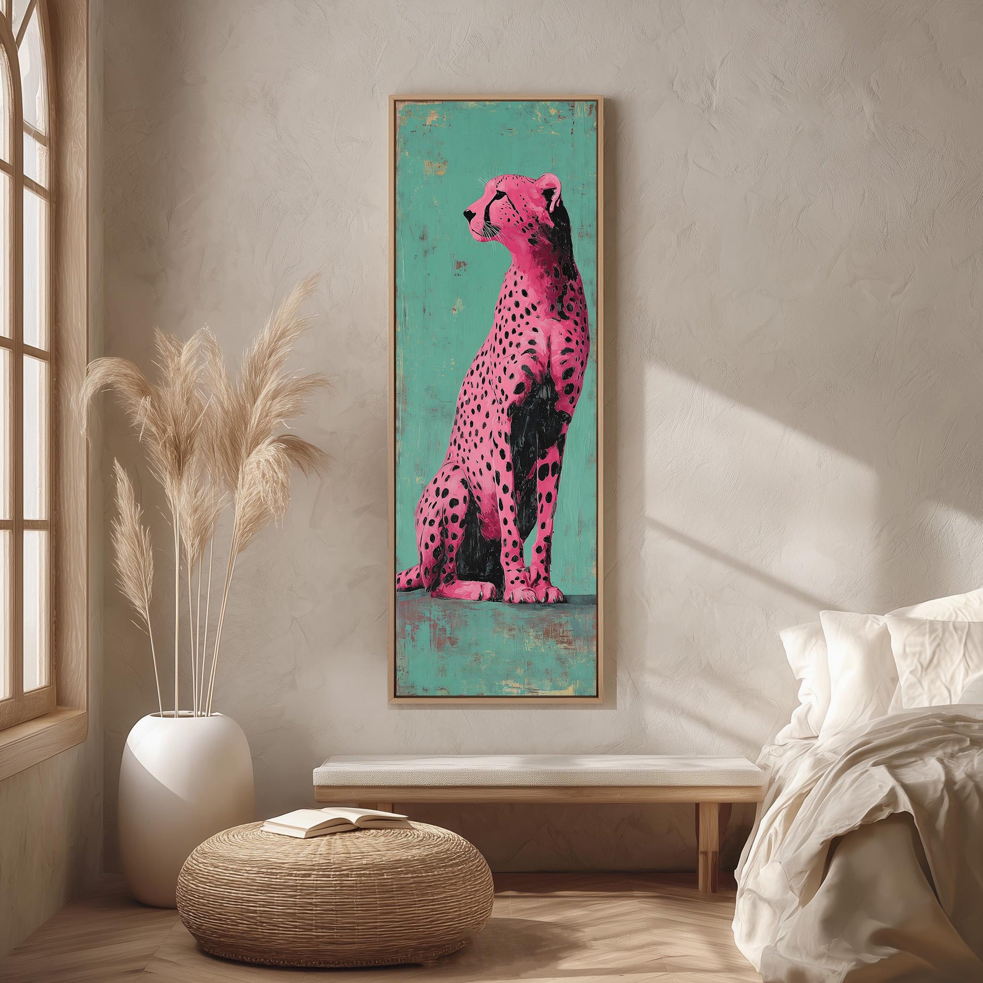 a large framed painting of a pink cheetah sitting on a green background, hanging on a wall in a room with a bed, a potted plant, and a woven ottoman.