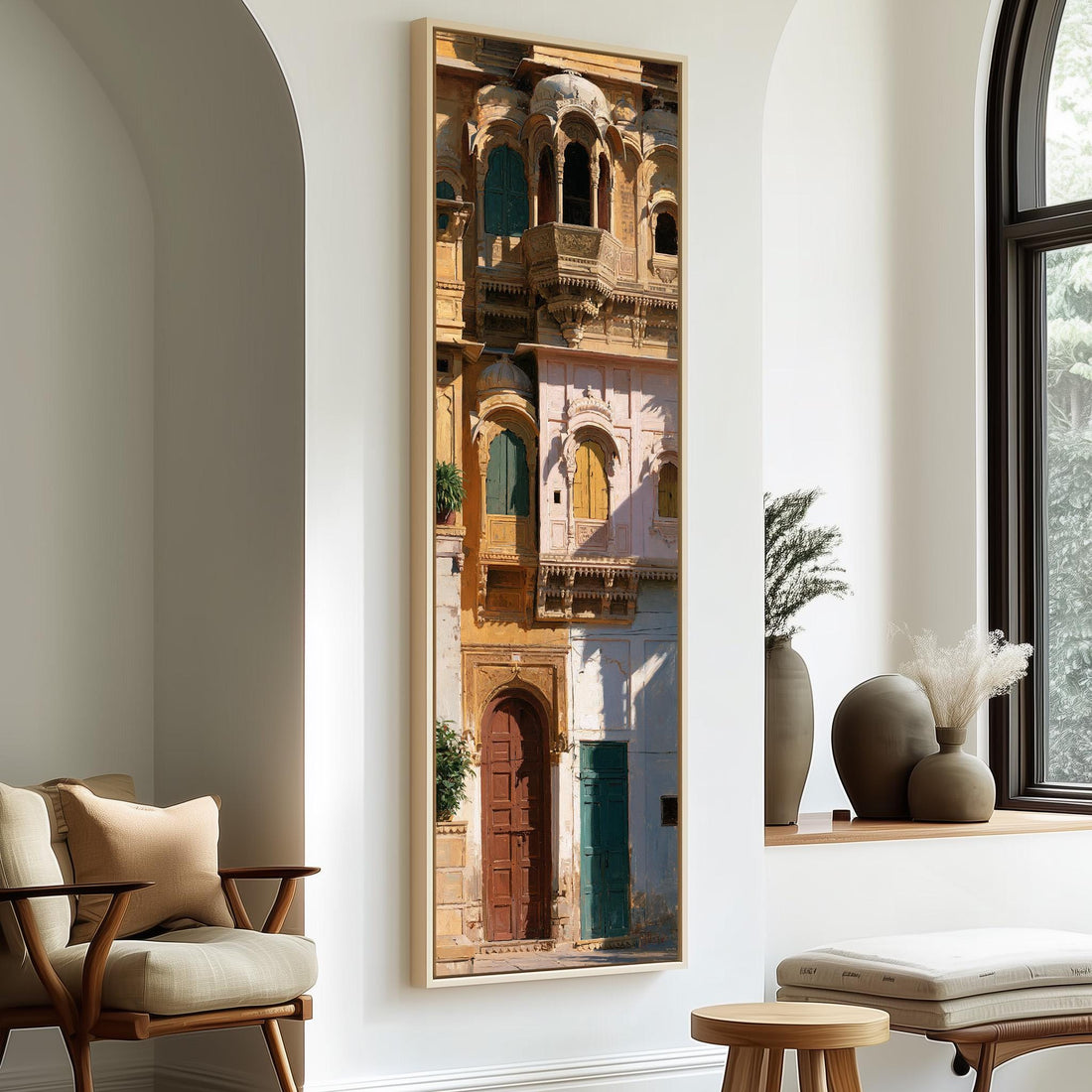 Ornate sandstone palace facade with colorful doors long vertical canvas print in a sunlit living space