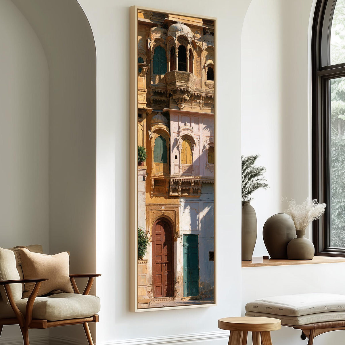 Ornate sandstone palace facade with colorful doors tall skinny canvas print in a sunlit living space