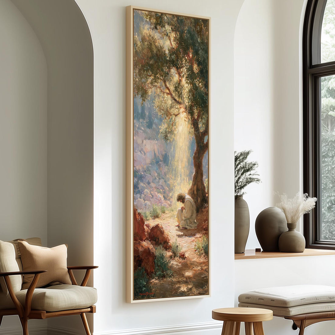 Jesus praying in a sunlit garden long vertical canvas print in a sunlit living space