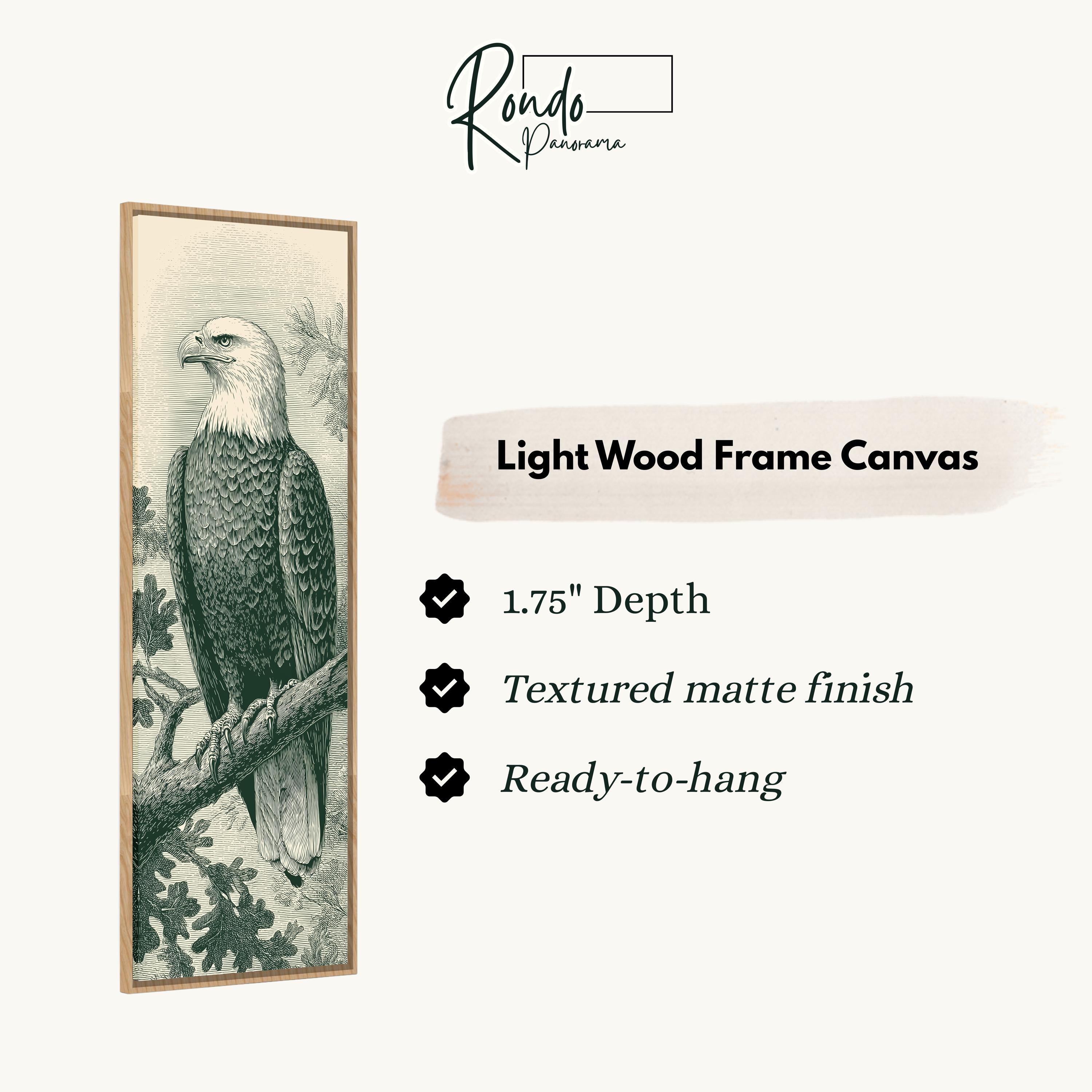 a detailed illustration of a bald eagle perched on a branch, with a light wood frame.