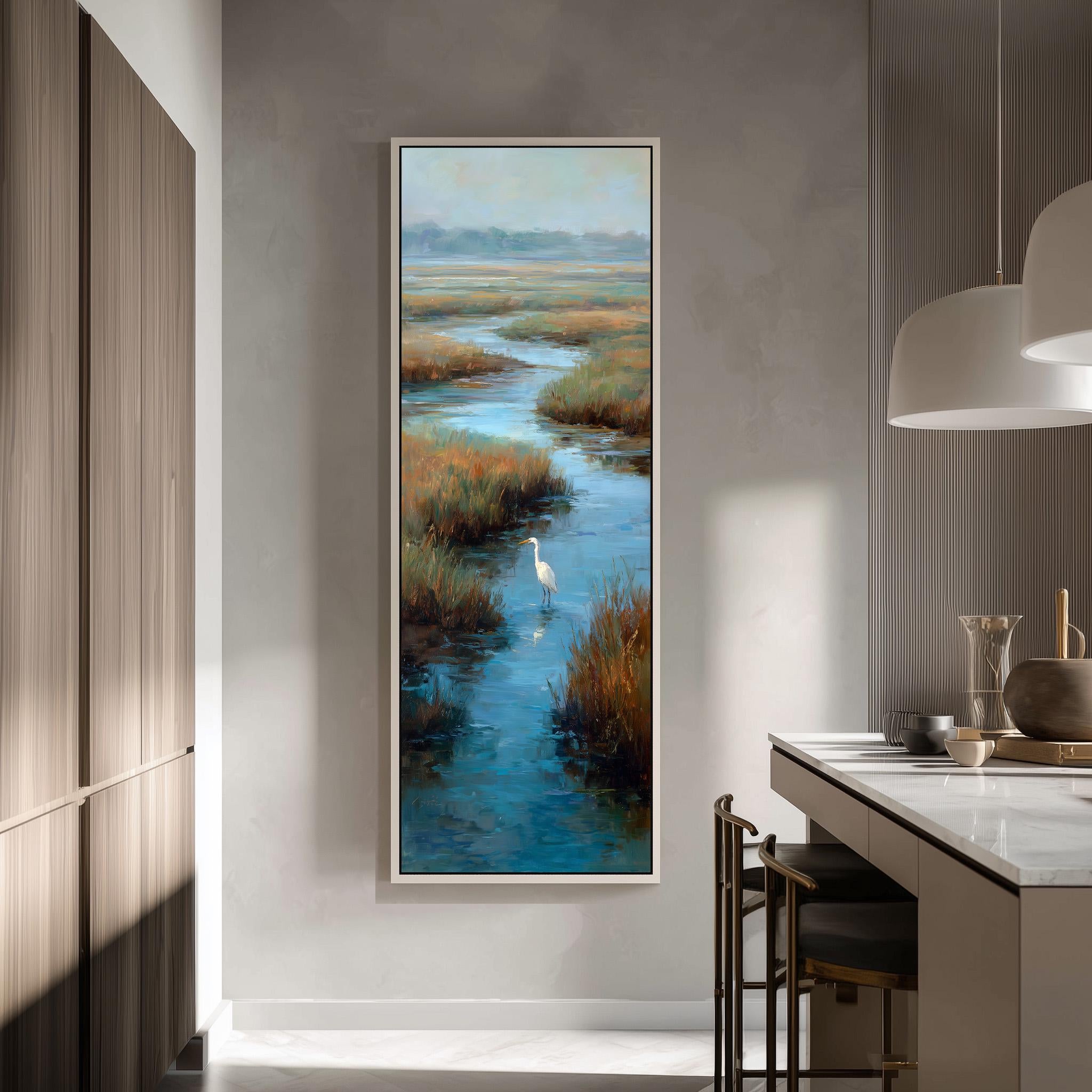 a large painting of a serene landscape with a bird standing in a body of water, surrounded by lush vegetation.