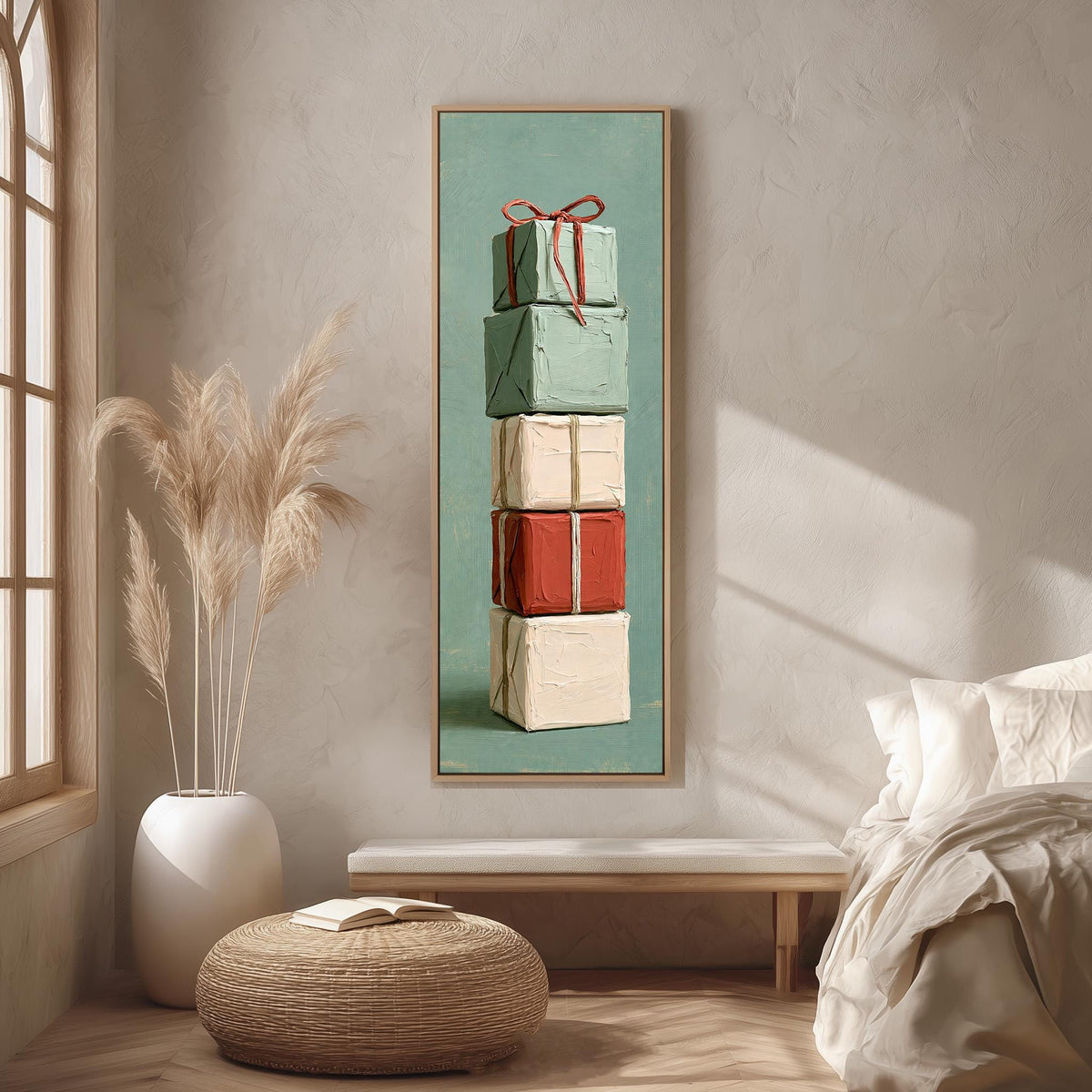 Stack of wrapped gifts with a red bow tall skinny canvas print in a modern kitchen