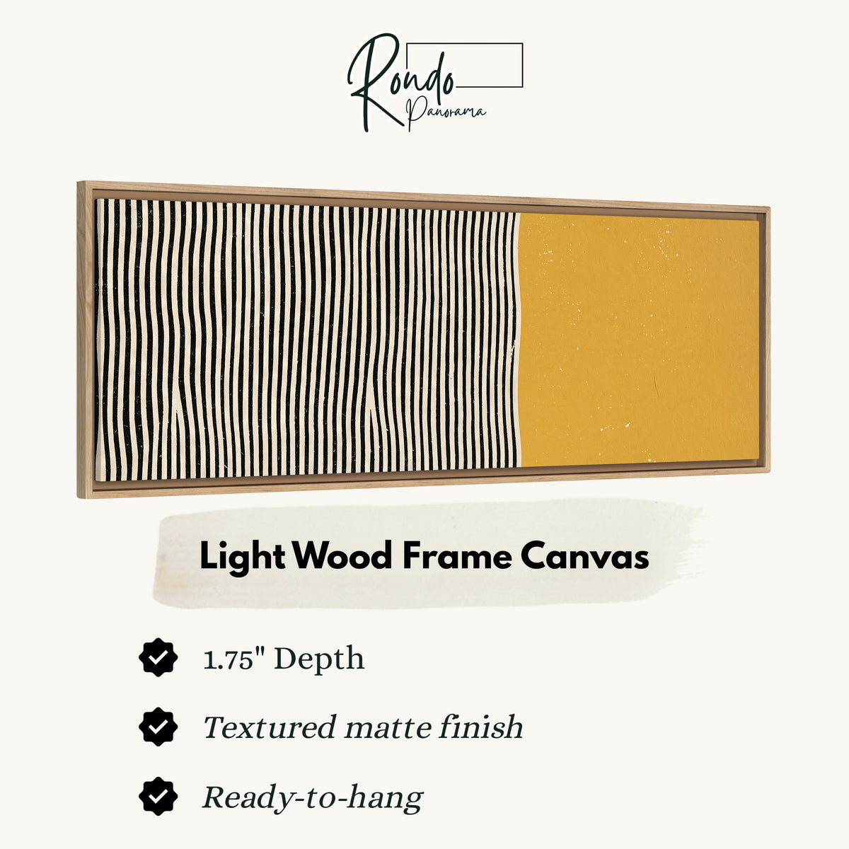 Black wavy stripes beside a mustard block canvas print in a light wood floating frame