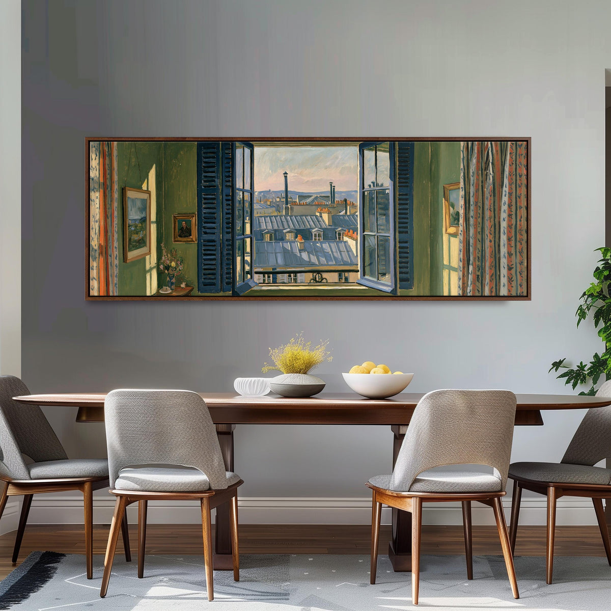 Paris zinc rooftops seen through a green room window long horizontal canvas print above a dining table