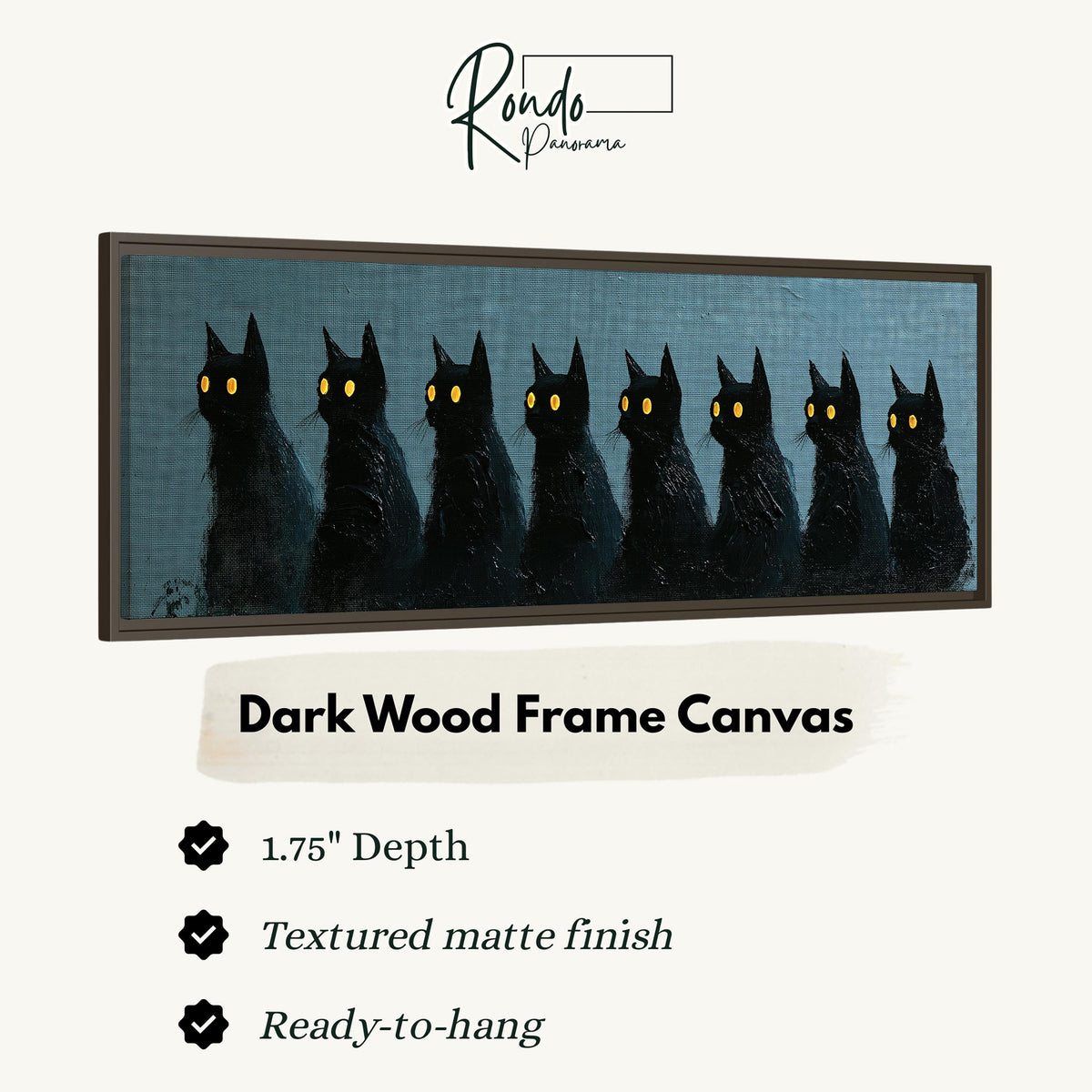 Row of black cats with glowing eyes canvas print in a dark wood floating frame