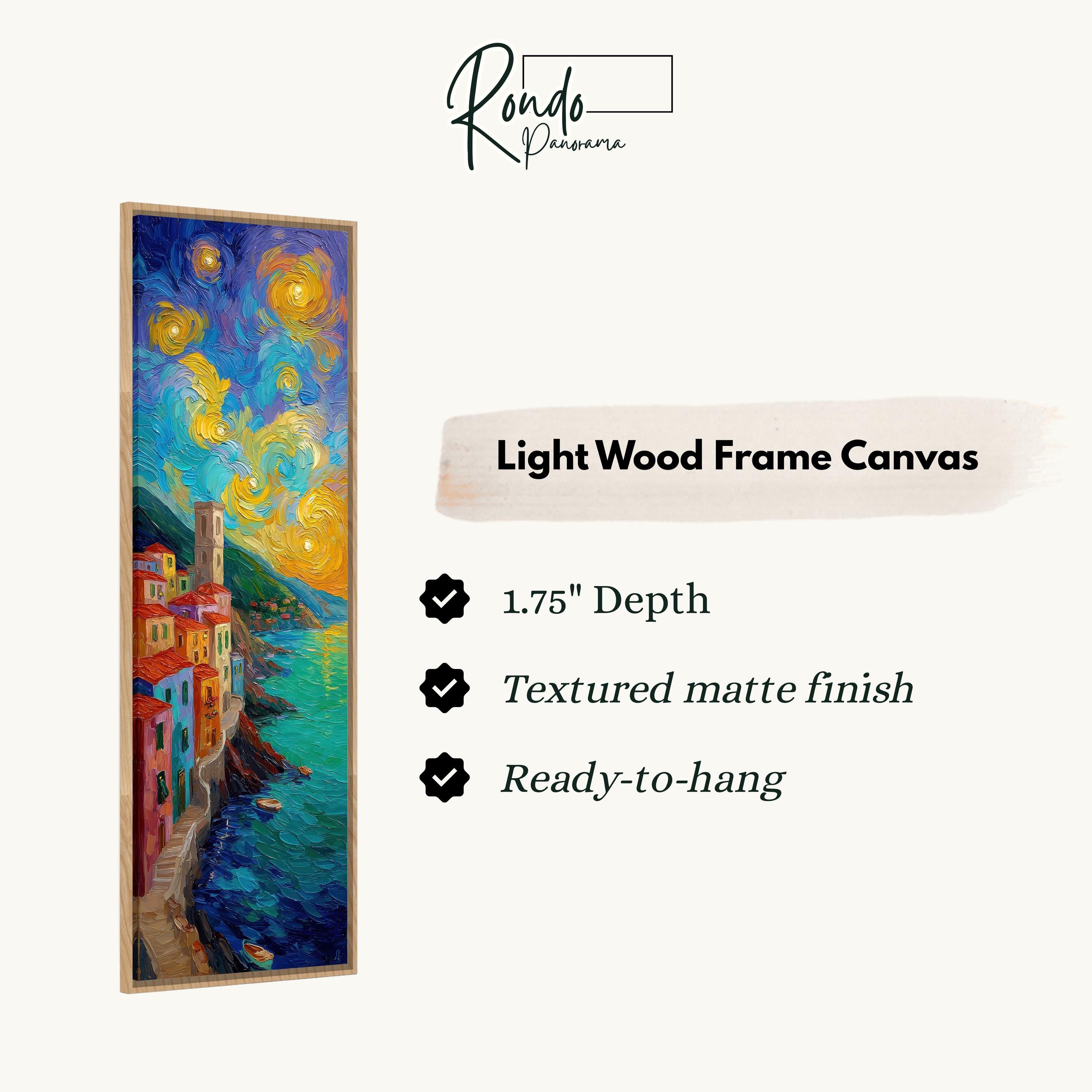 The image is a vertical text box containing information about a light wood frame canvas.