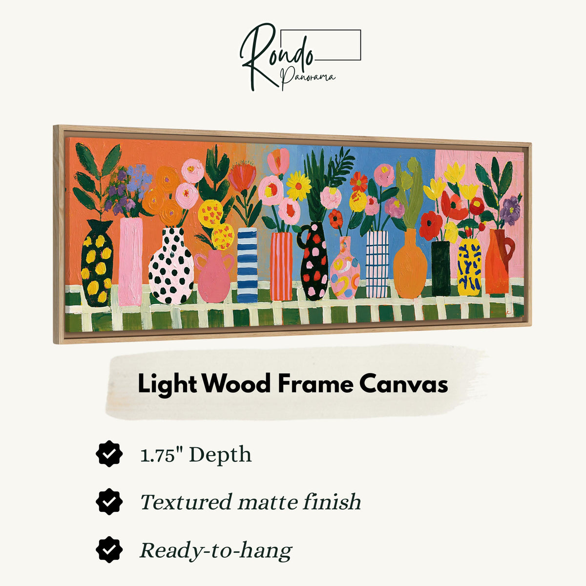 Patterned vases with bright bouquets canvas print in a light wood floating frame