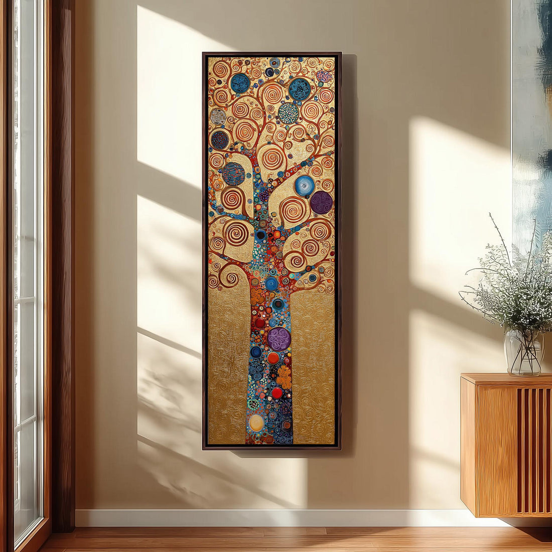 a large, colorful abstract painting of a tree hanging on a wall in a minimalist bedroom setting.