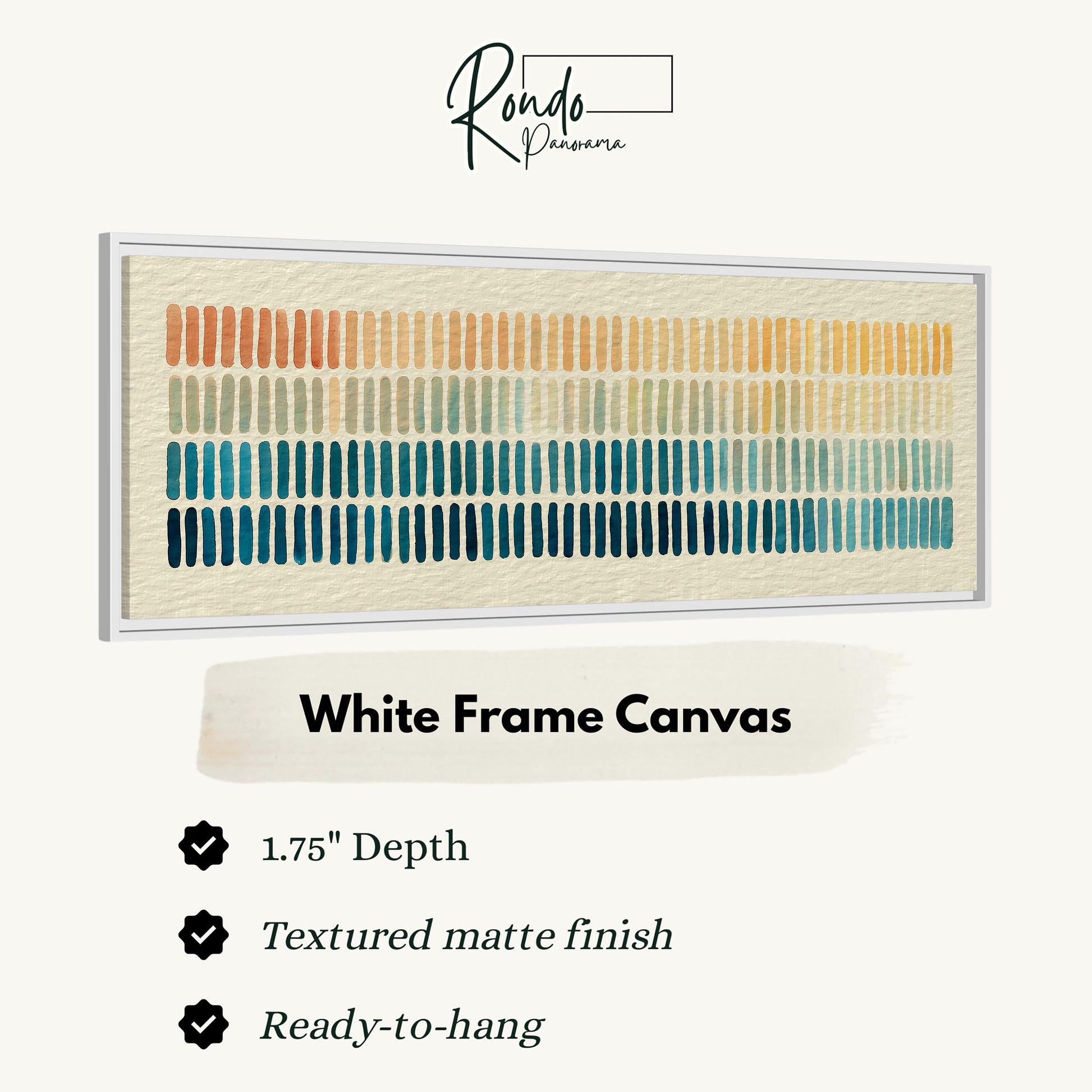 a white frame canvas with a repeating pattern of vertical lines in various colors, including shades of orange, green, blue, and yellow. The canvas has a 1.75" depth and is textured with a matte finish. It is ready to hang and is described as a "White Frame Canvas" with a "Textured matte finish".
