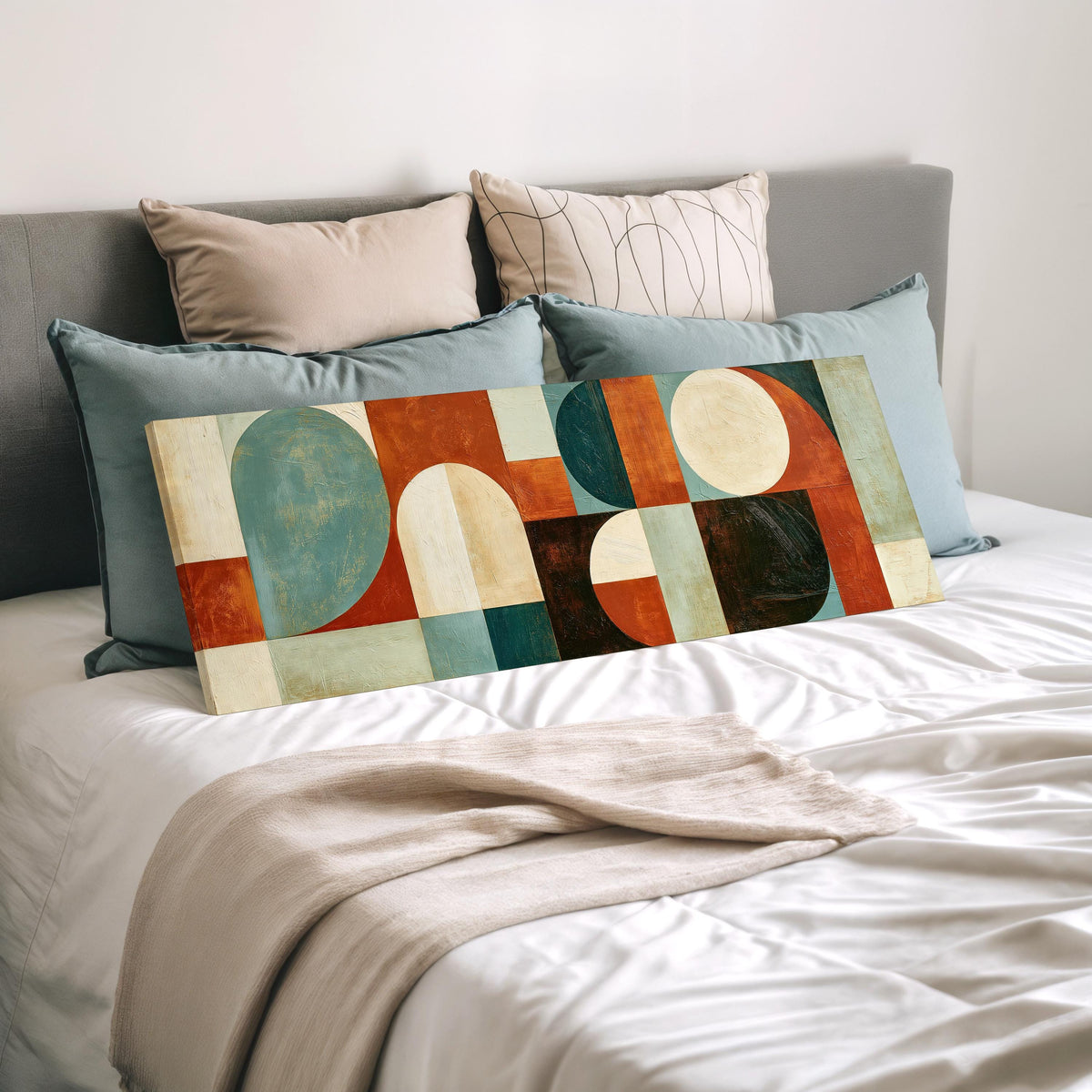 Teal and rust arch and circle shapes wide panoramic canvas print laid on a bed to show its size