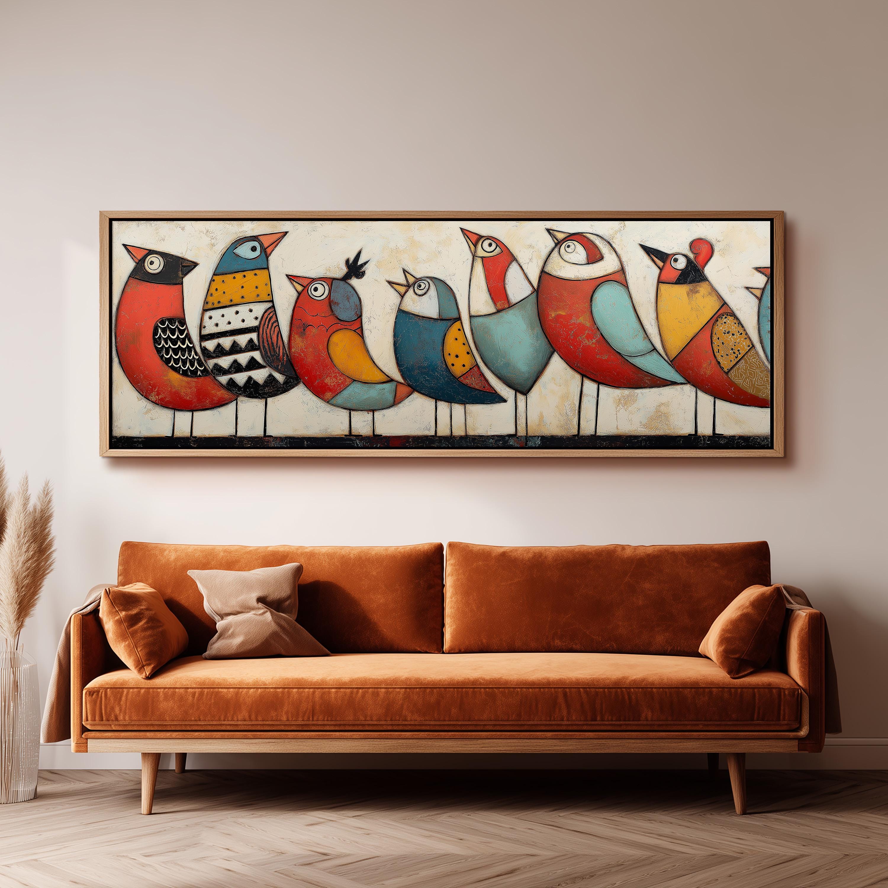 a large, colorful painting of nine birds arranged in a row on a wall above a brown sofa.