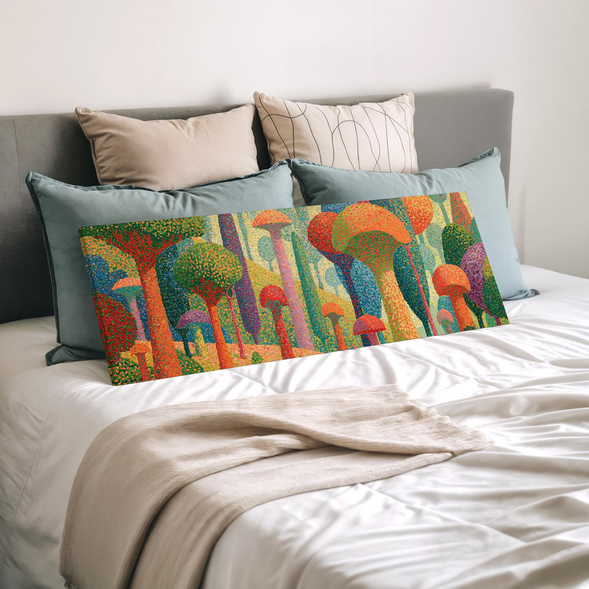 Teal mushroom woodland wide panoramic canvas print laid on a bed to show its size