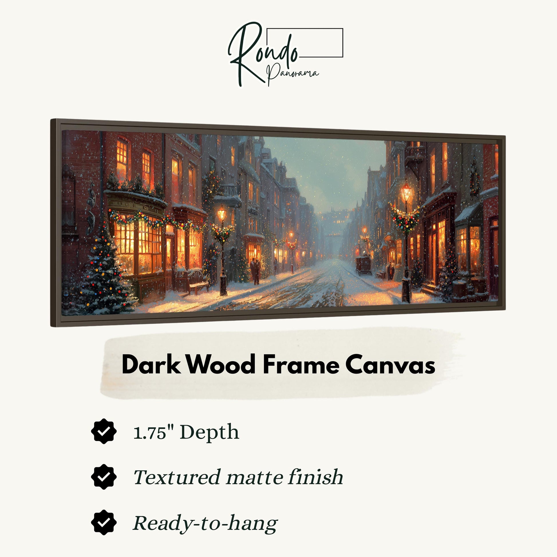 A dark wood frame canvas depicting a snowy city street at night with illuminated buildings and Christmas trees.