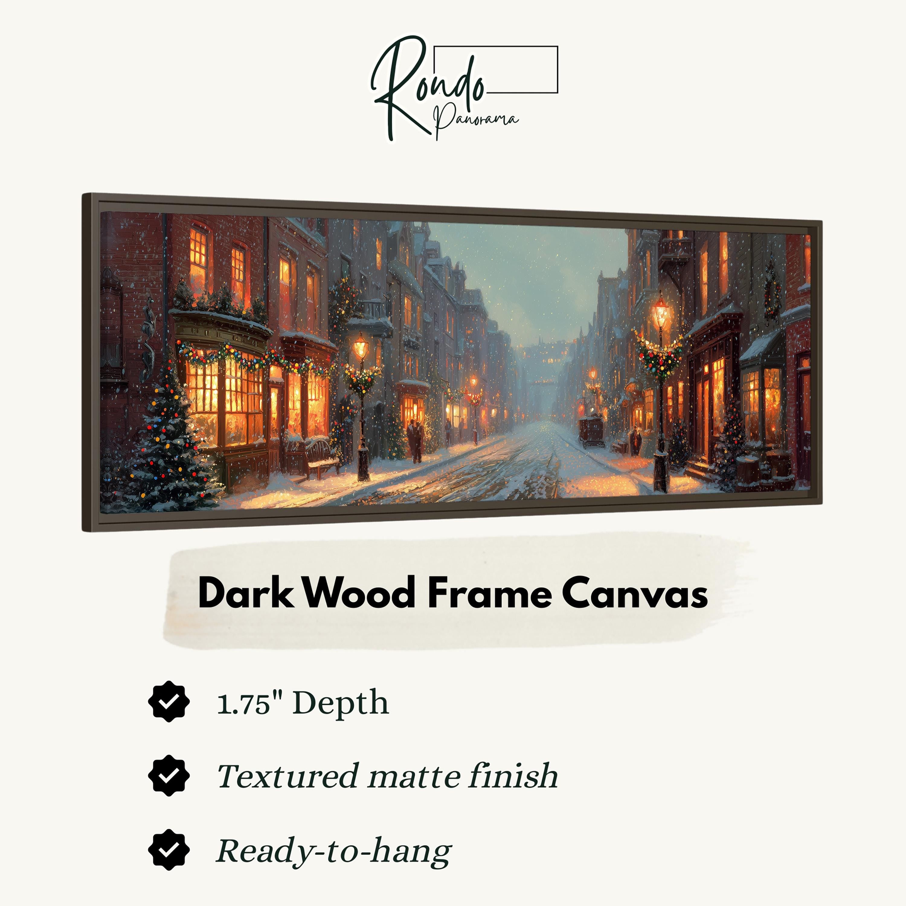 A dark wood frame canvas depicting a snowy city street at night with illuminated buildings and Christmas trees.