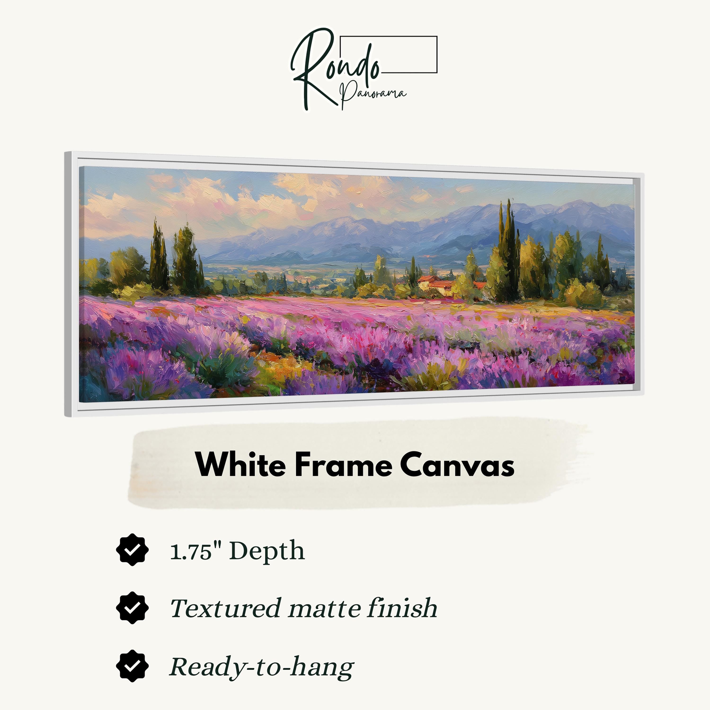 The image is a white frame canvas depicting a picturesque landscape with a field of purple flowers and mountains in the background.