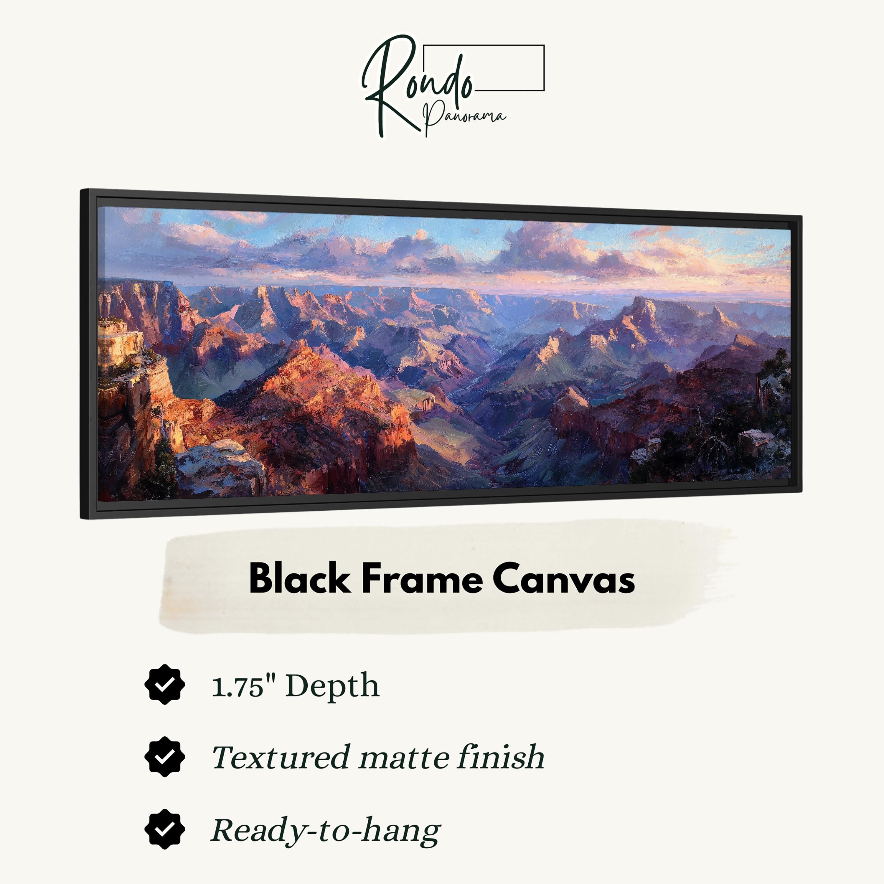 The image is a black frame canvas depicting a scenic landscape with mountains and a sunset sky.
