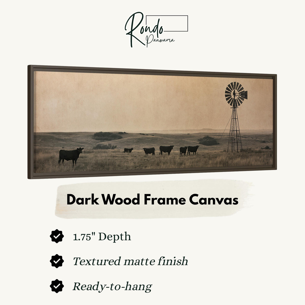 Black cattle grazing by a windmill on the prairie canvas print in a dark wood floating frame