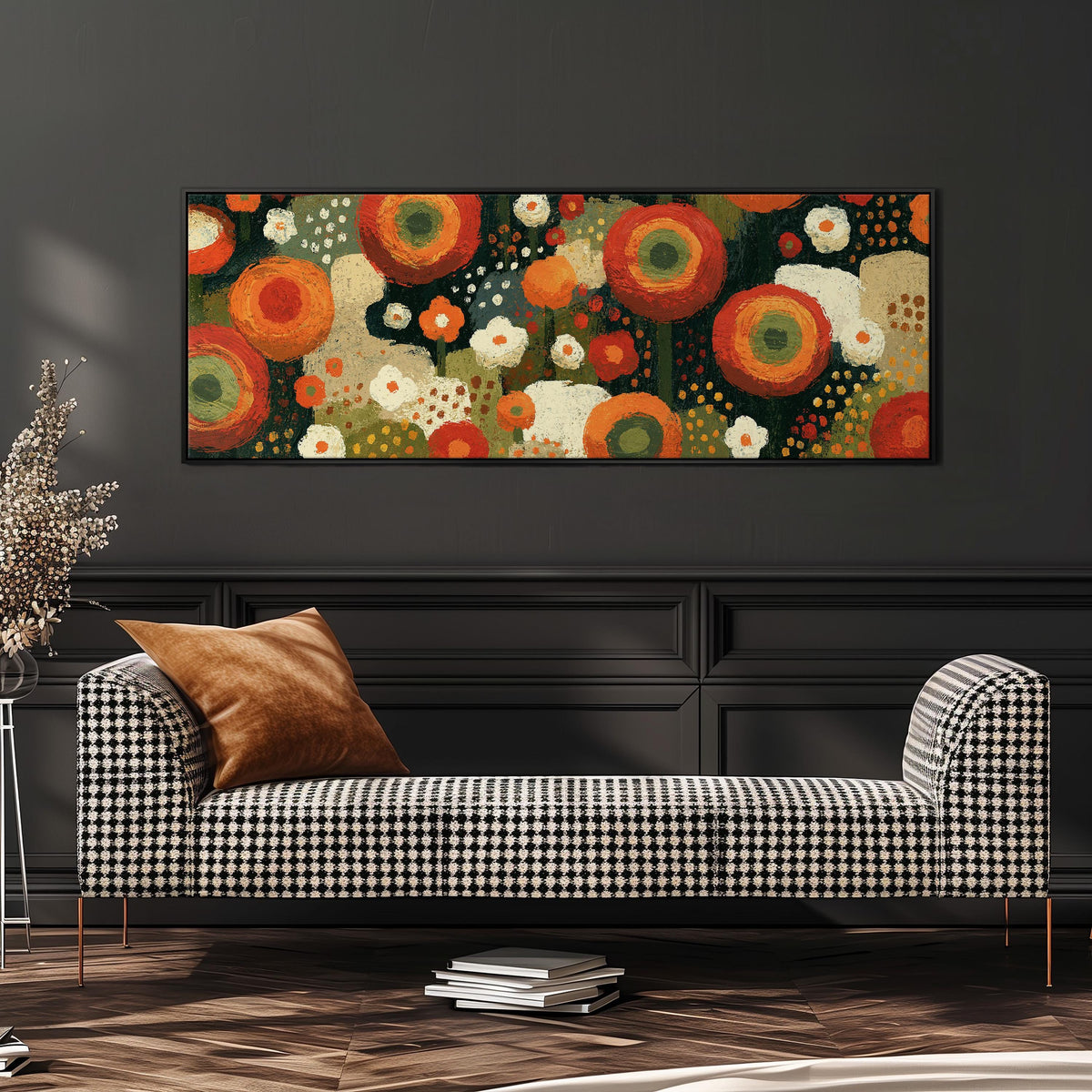 Concentric poppy rings wide panoramic canvas print above a bench in a dark living room