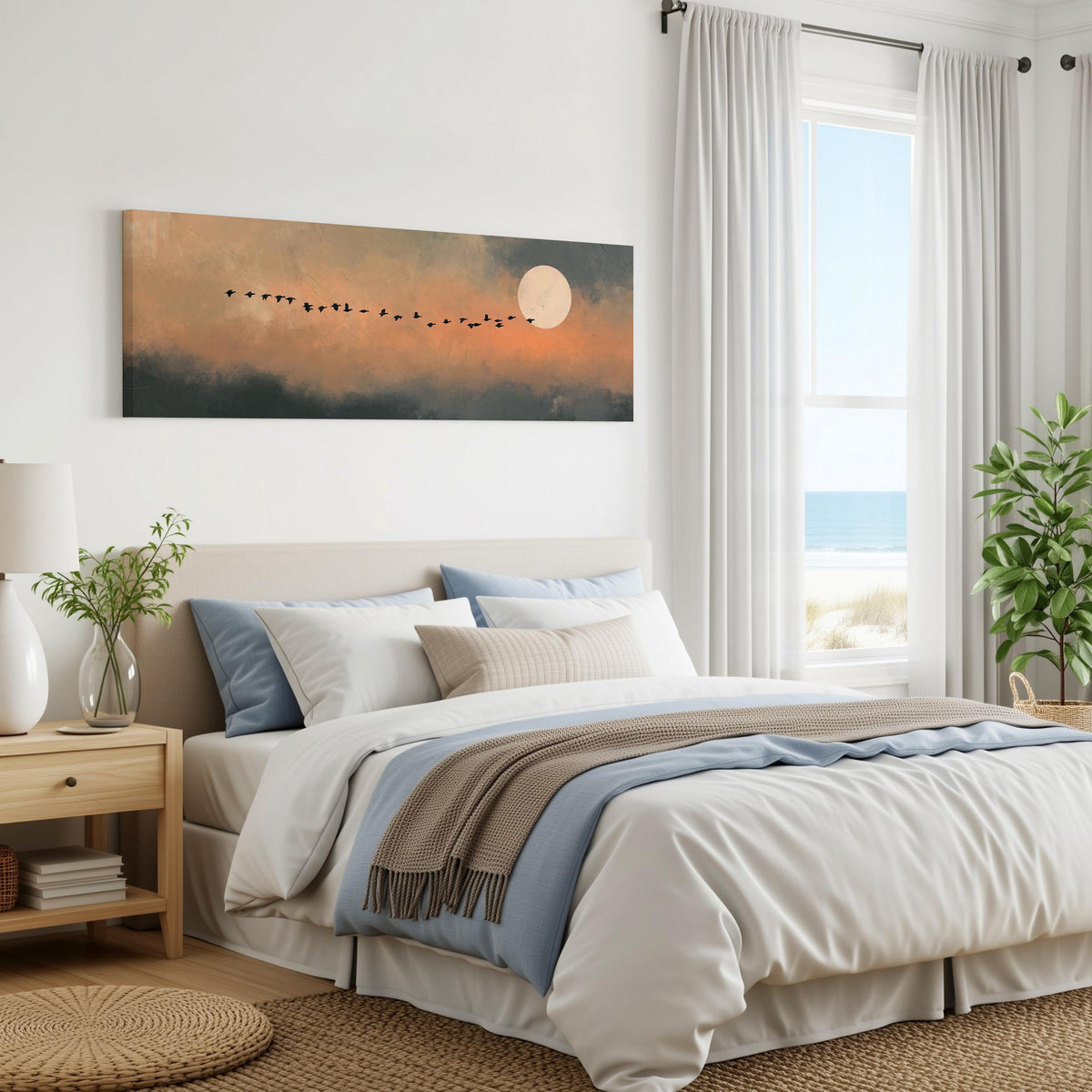 Geese flying toward the moon at twilight panoramic canvas print above a bed in a coastal bedroom