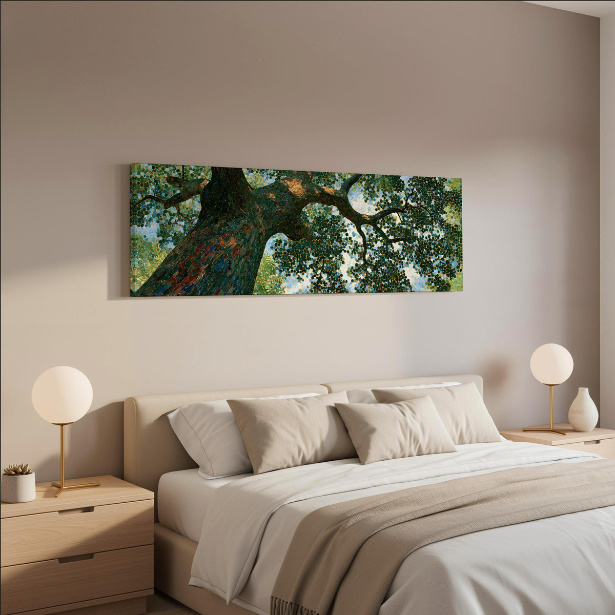 Looking up into an oak canopy wide panoramic canvas print above a bed in a neutral bedroom