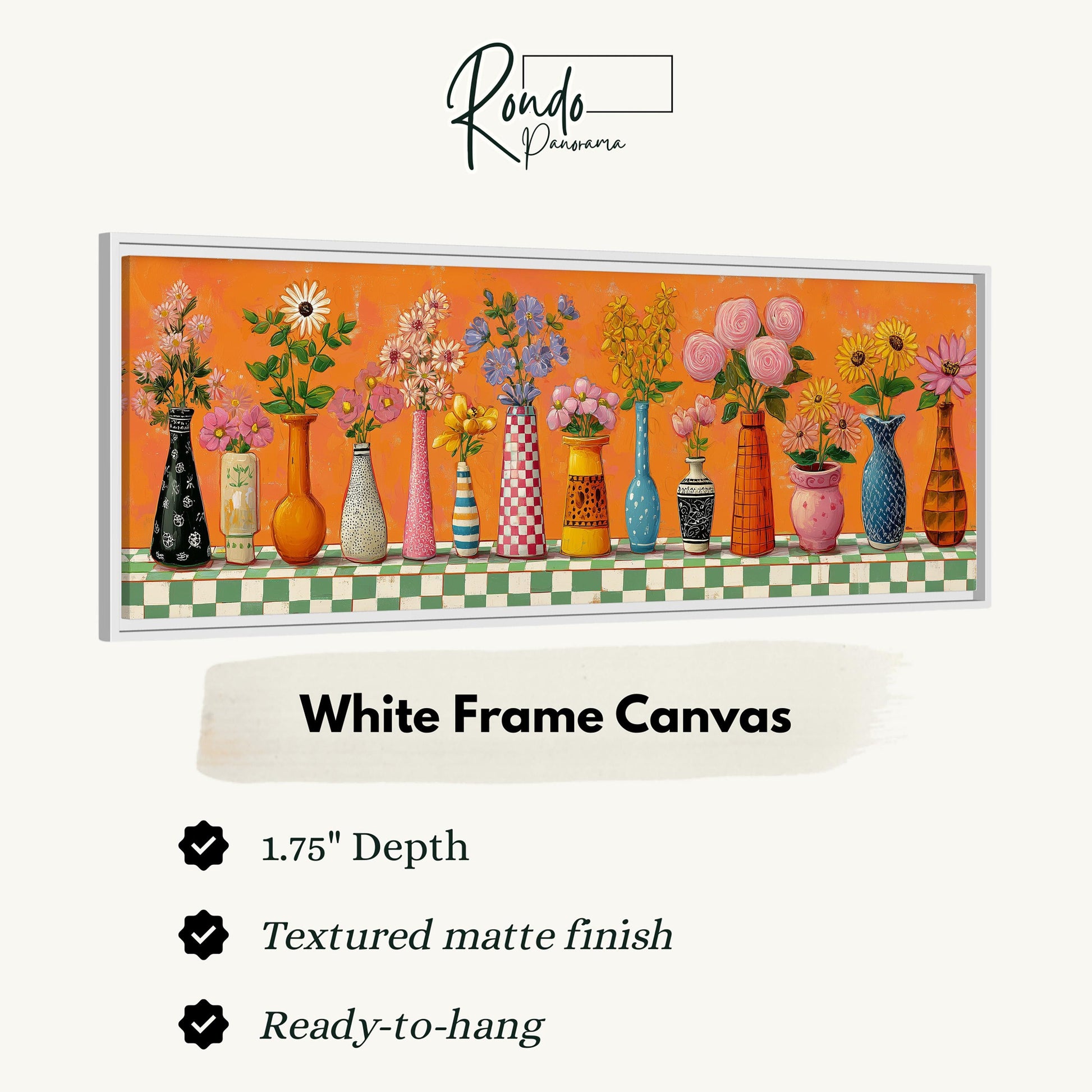 The image is a white frame canvas featuring a variety of colorful vases and flowers arranged in a row.