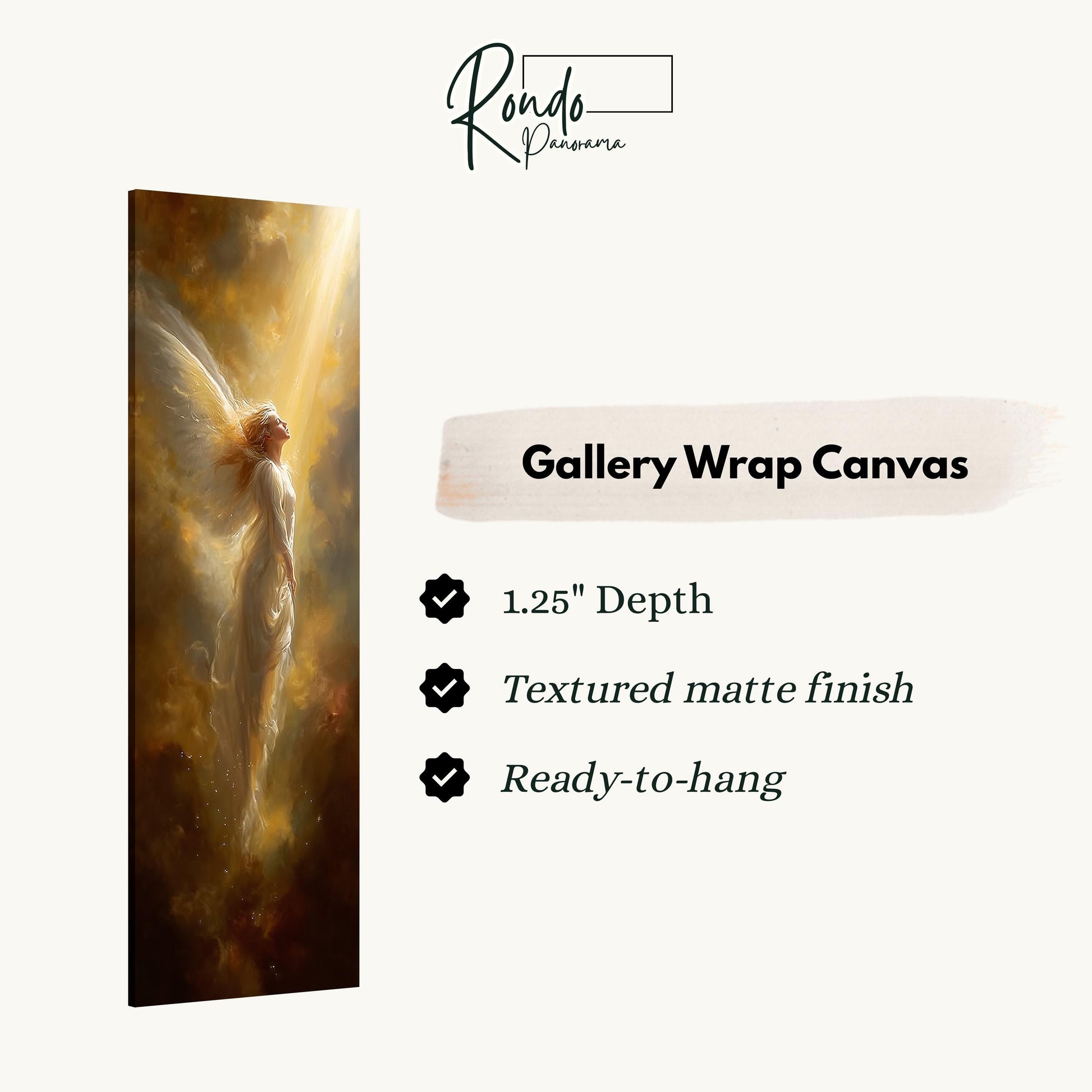 The image is a gallery wrap canvas featuring a painting of a winged figure with a radiant aura.