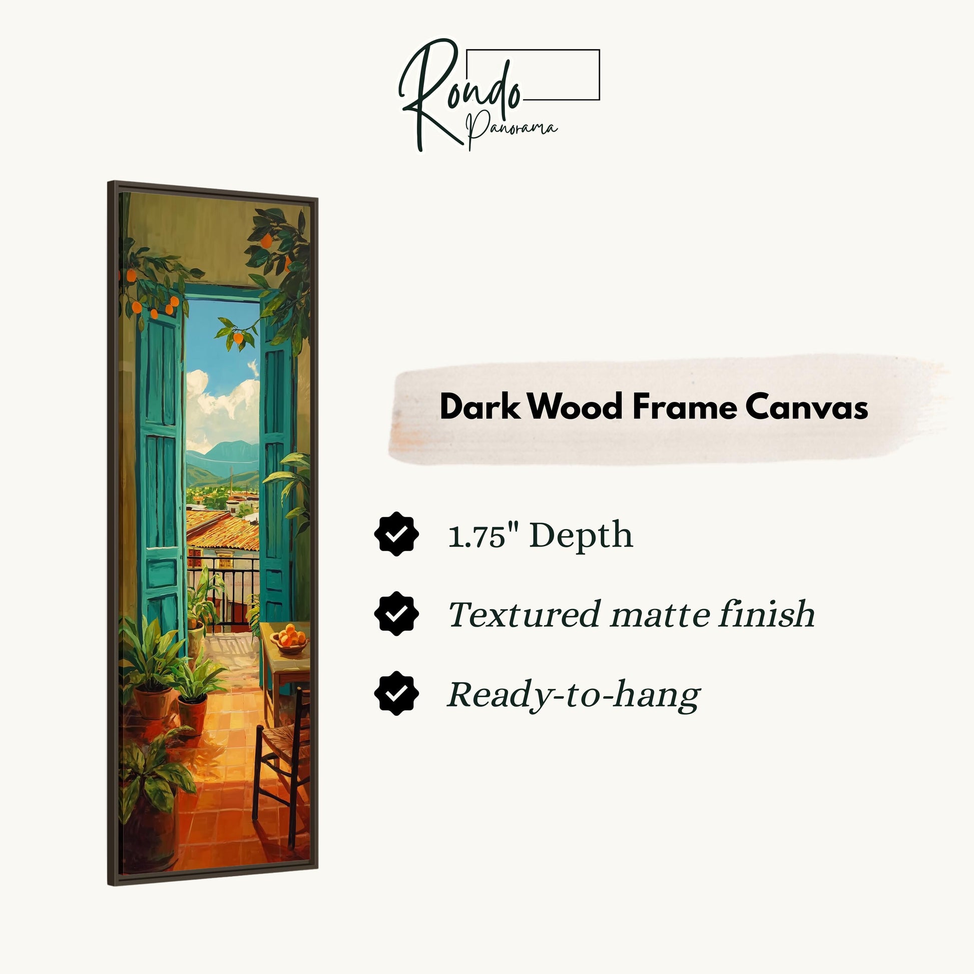 The image is a framed painting depicting a balcony with a view of a tropical landscape.