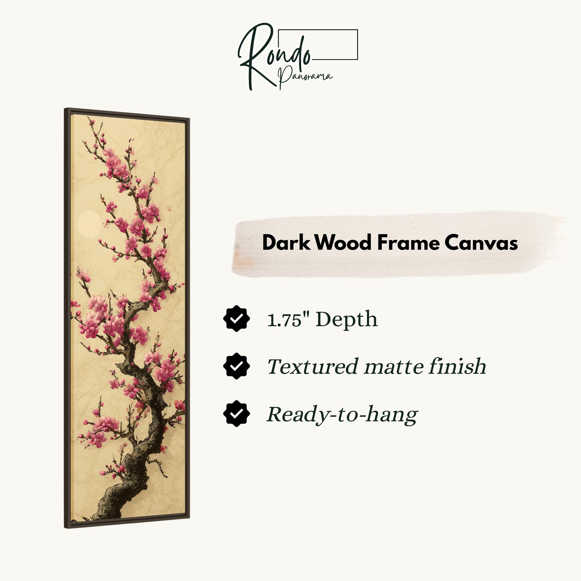 a dark wood frame canvas with a painting of a tree with pink flowers. The canvas has a 1.75" depth, a textured matte finish, and is ready to hang.