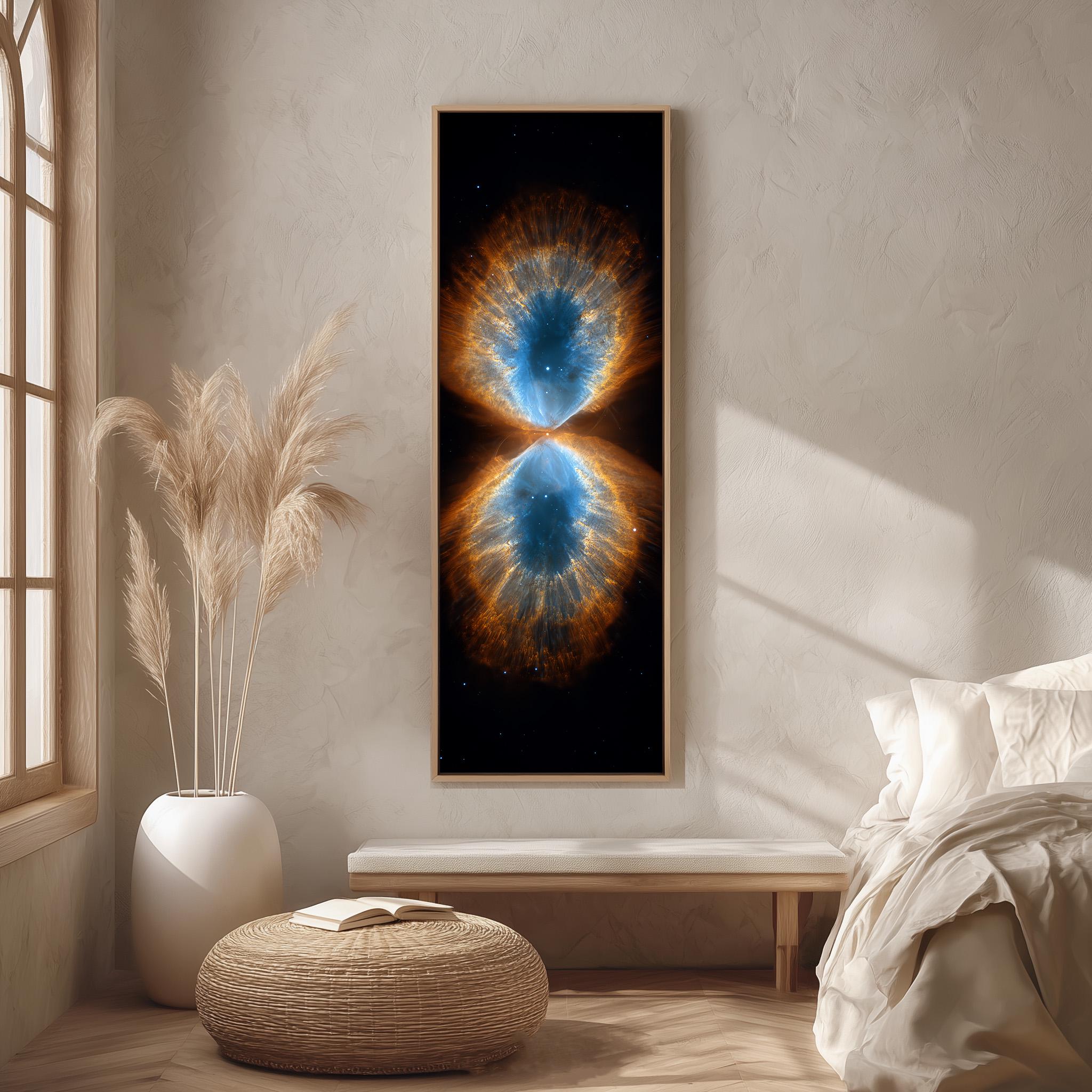 a large, colorful painting of a nebula hanging on a wall in a minimalist bedroom setting.